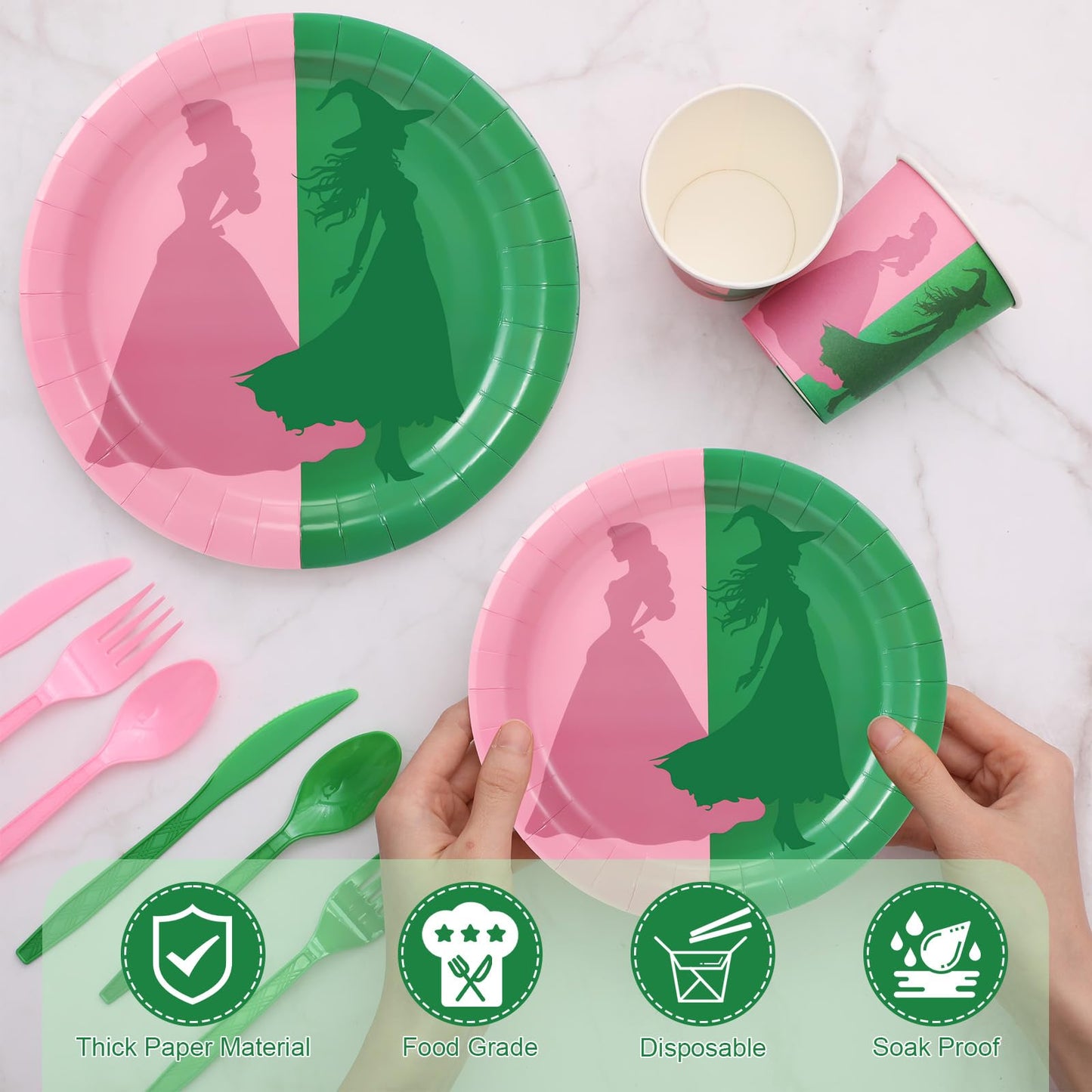 Tellingyou 144-Piece Pink & Green Witch Party Tableware for 24 Guests