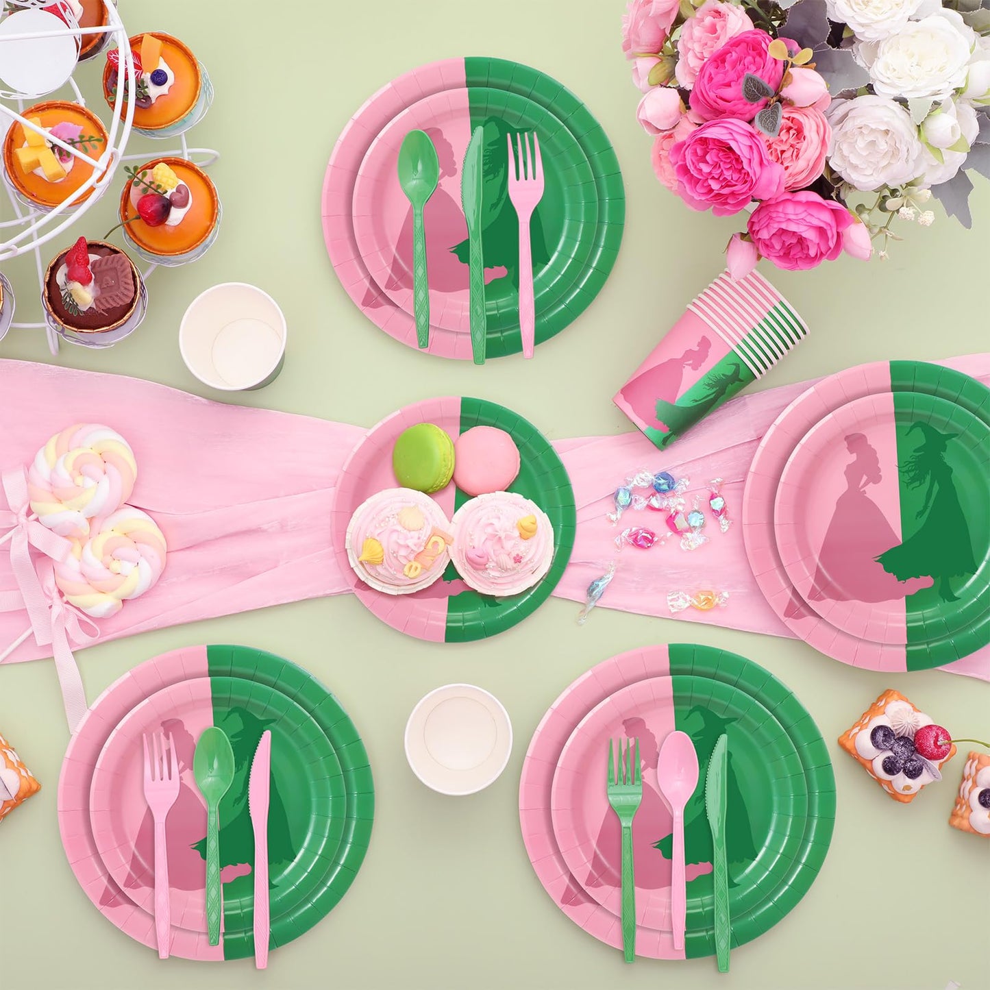 Tellingyou 144-Piece Pink & Green Witch Party Tableware for 24 Guests