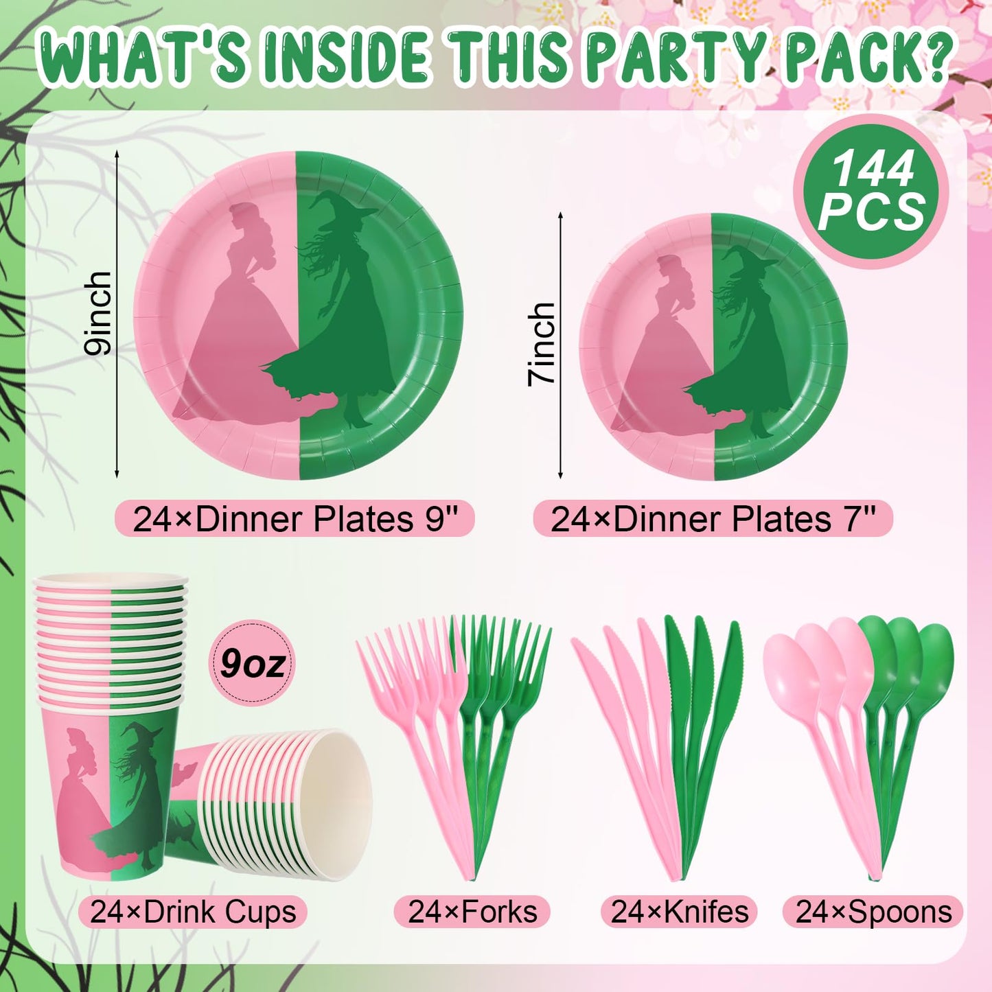 Tellingyou 144-Piece Pink & Green Witch Party Tableware for 24 Guests