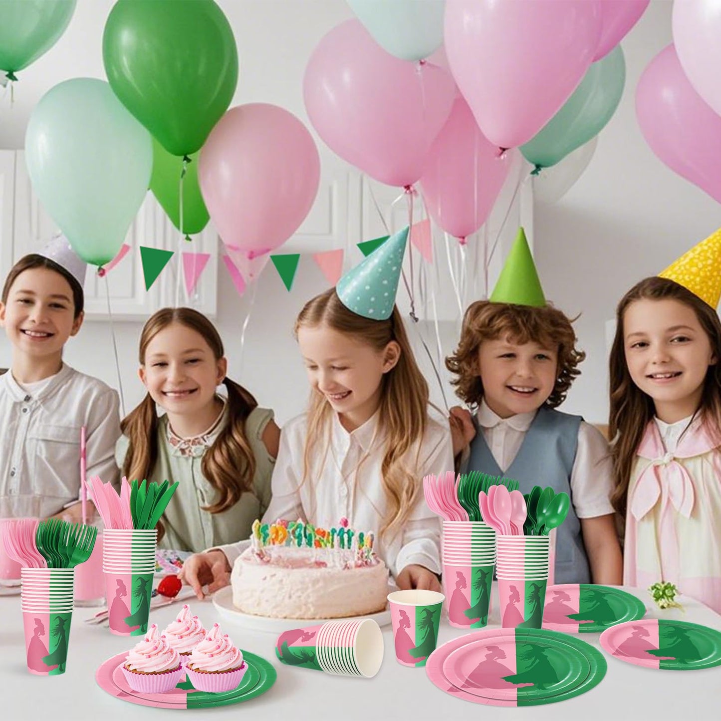Tellingyou 144-Piece Pink & Green Witch Party Tableware for 24 Guests