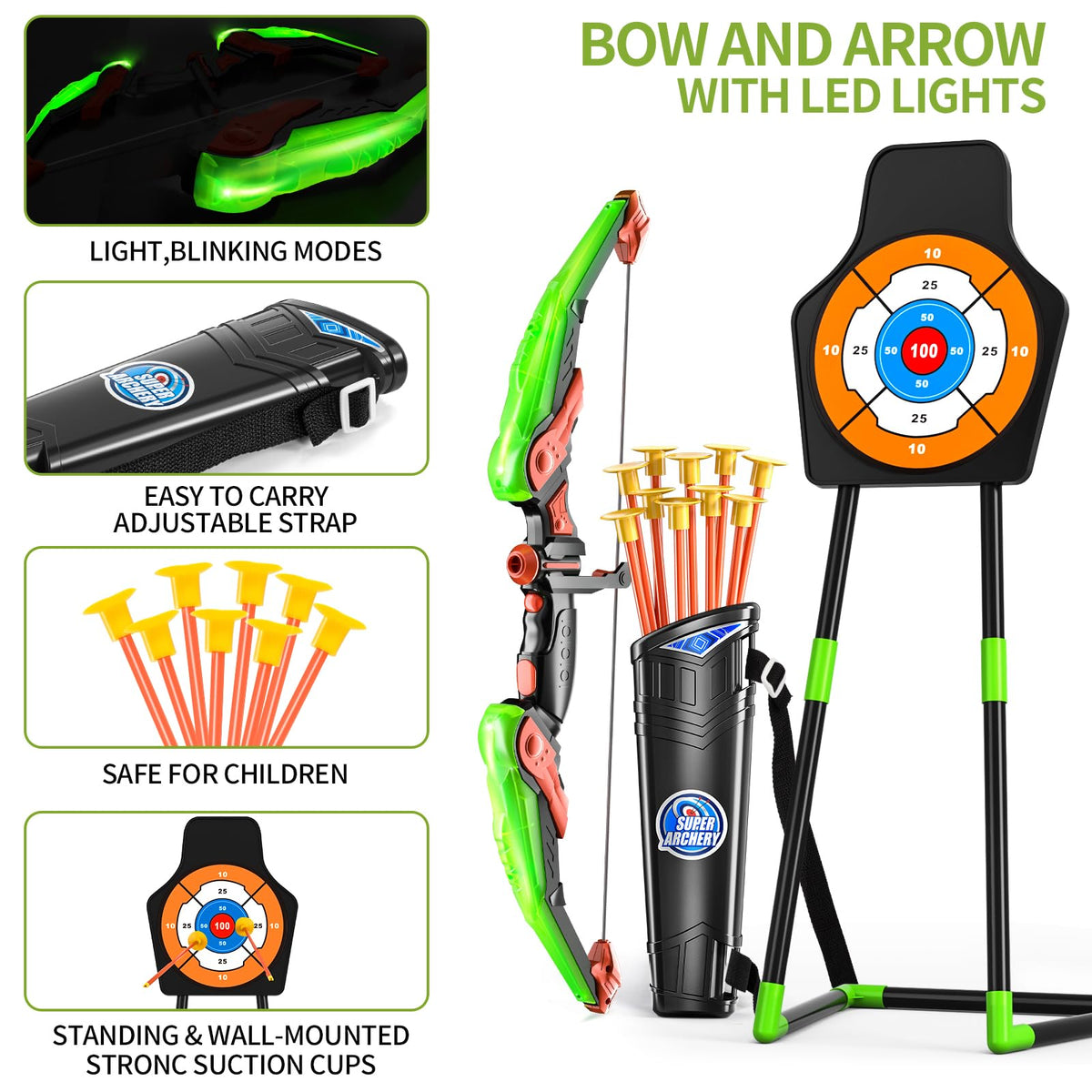 TEMI Bow & Arrow Set with LED Lights – 10 Suction Cup Arrows & Standing Target (Ages 3-12)