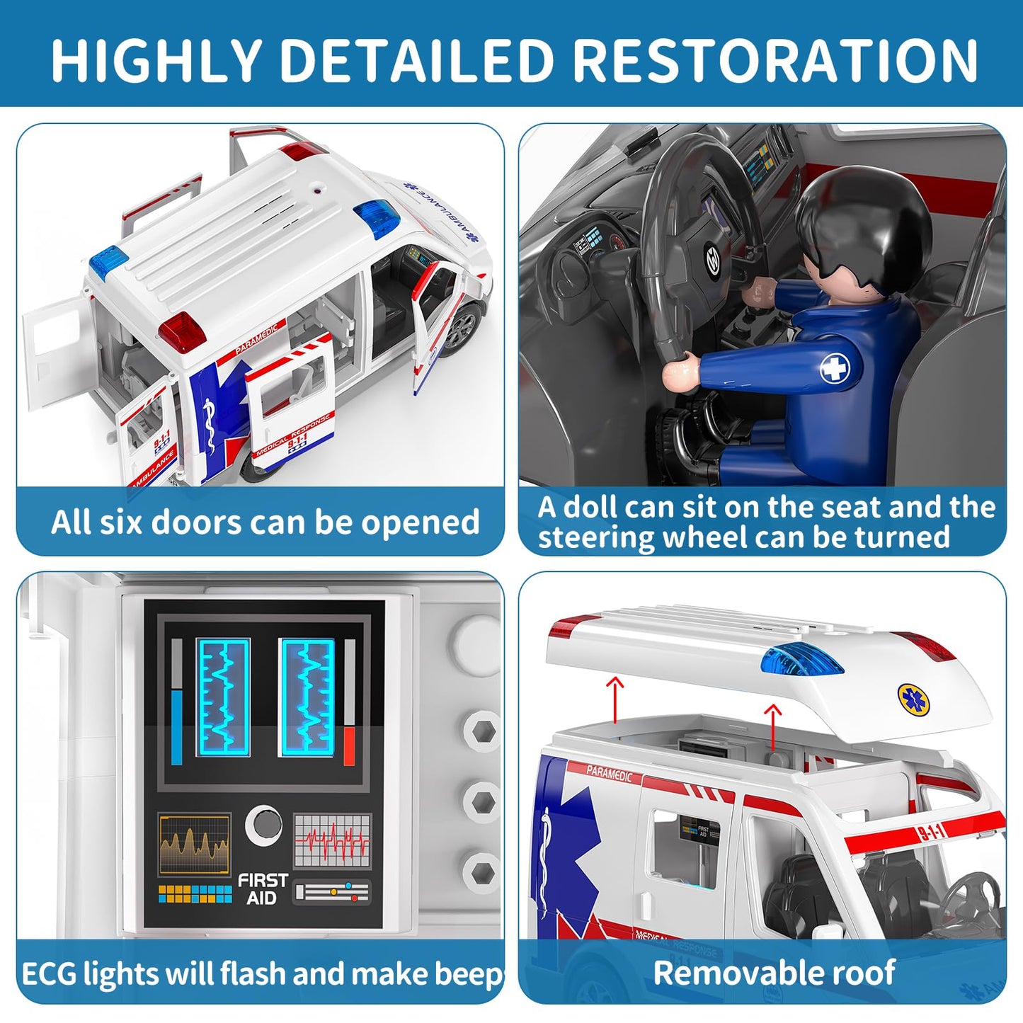 TEMI Ambulance Toy – Friction Powered Emergency Vehicle with Lights & Sound for Kids 3-12