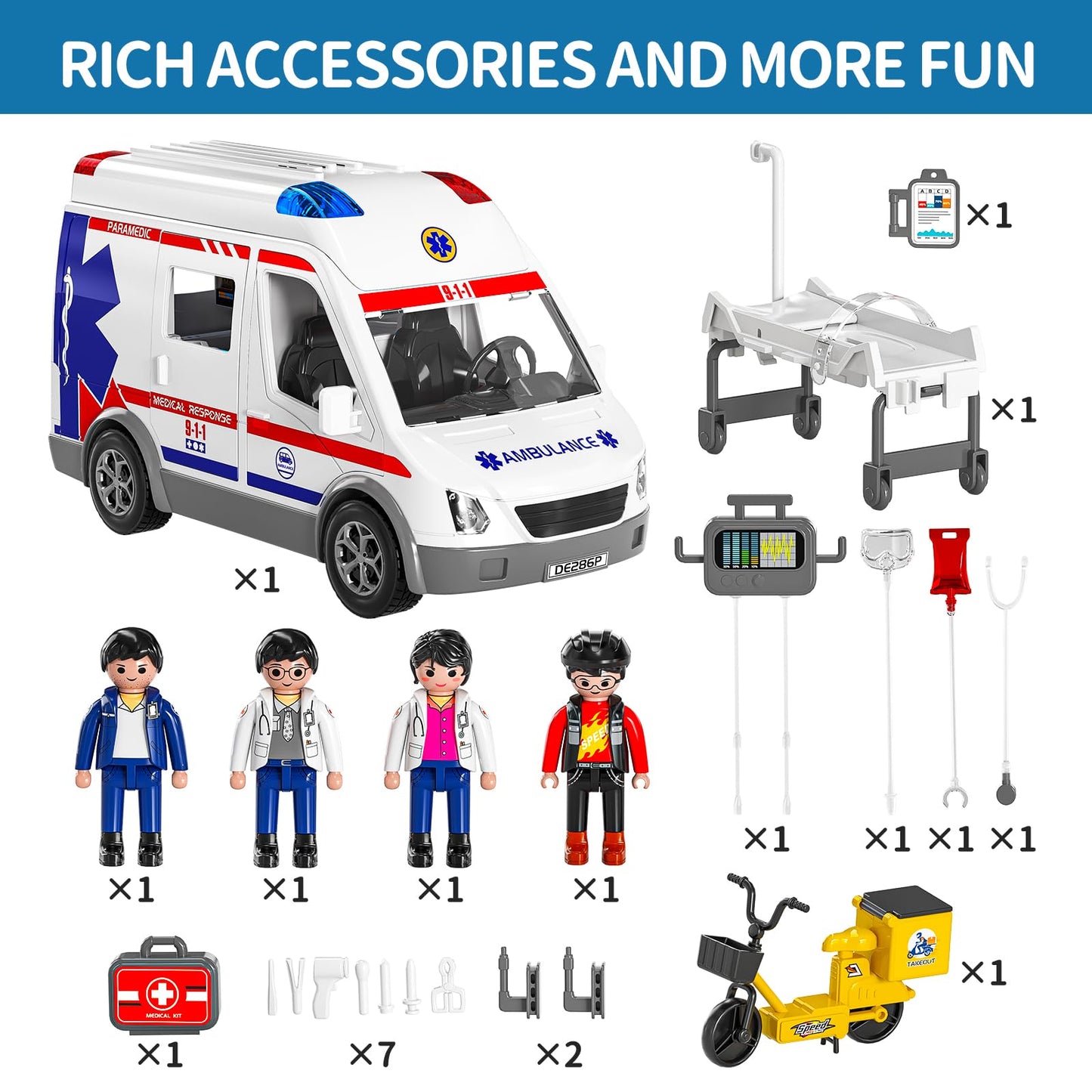 TEMI Ambulance Toy – Friction Powered Emergency Vehicle with Lights & Sound for Kids 3-12