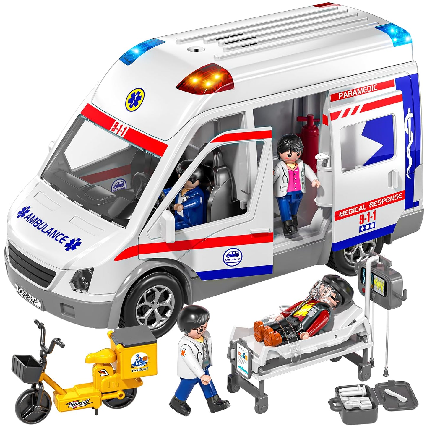 TEMI Ambulance Toy – Friction Powered Emergency Vehicle with Lights & Sound for Kids 3-12