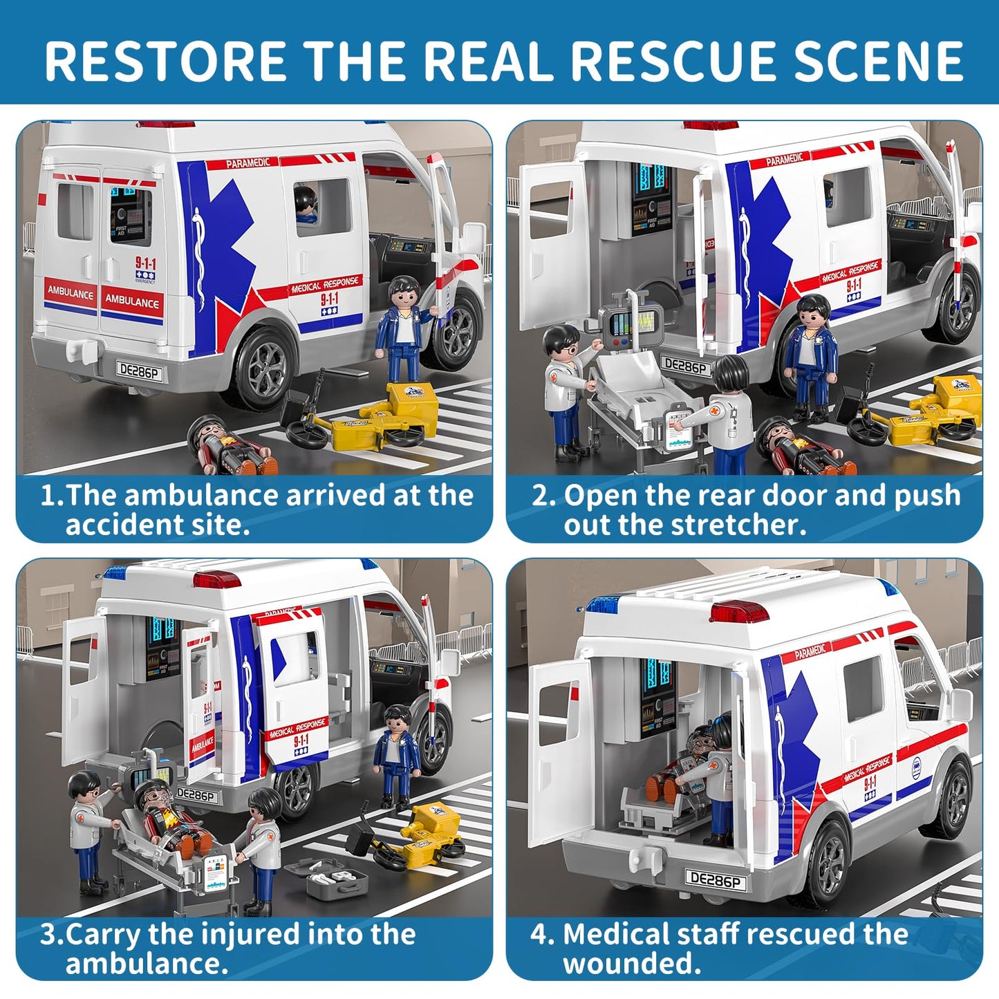 TEMI Ambulance Toy – Friction Powered Emergency Vehicle with Lights & Sound for Kids 3-12