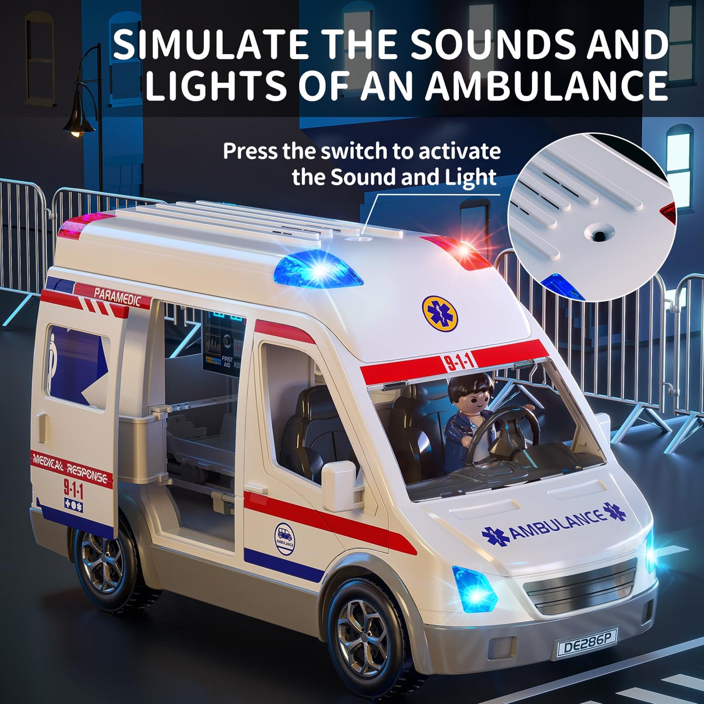TEMI Ambulance Toy – Friction Powered Emergency Vehicle with Lights & Sound for Kids 3-12