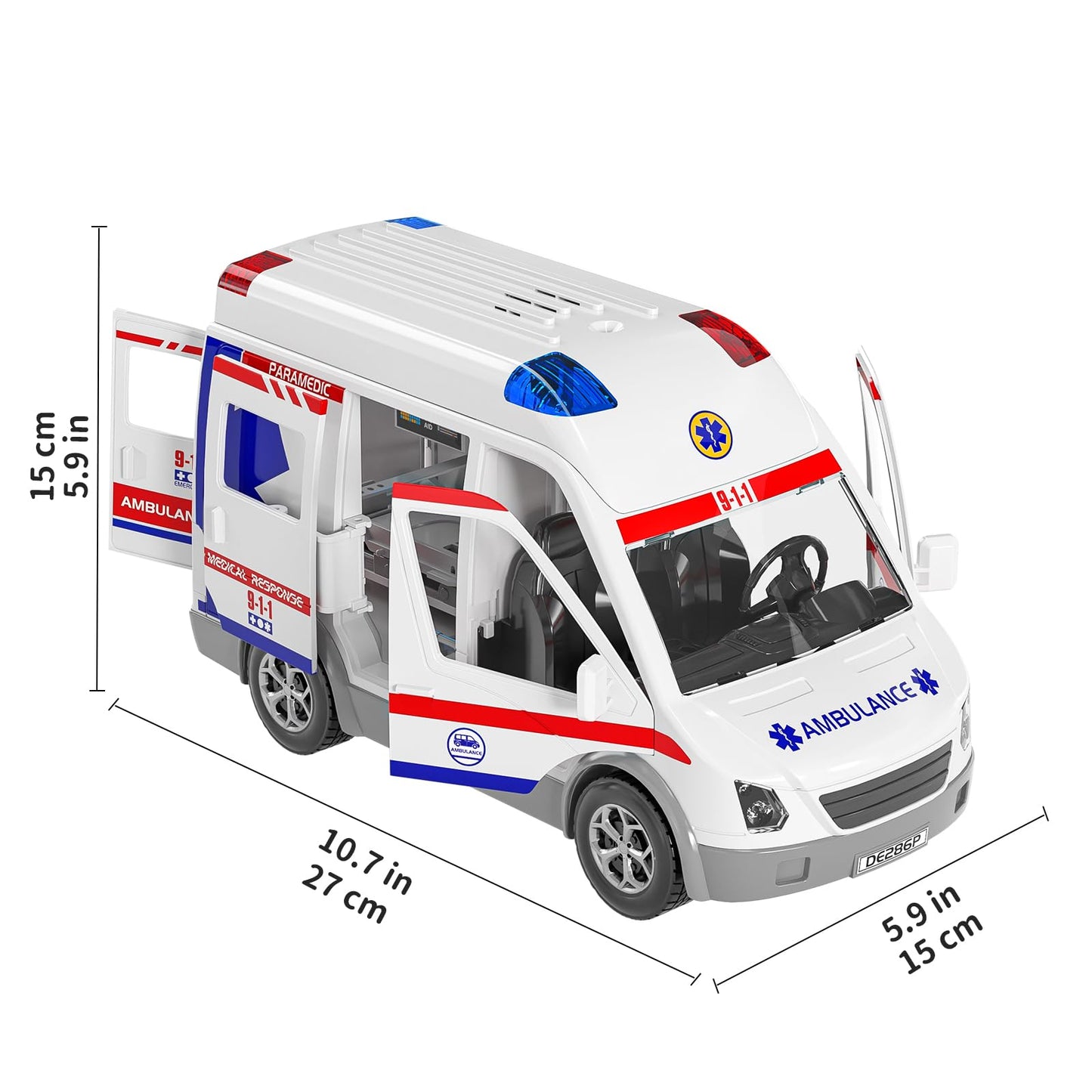 TEMI Ambulance Toy – Friction Powered Emergency Vehicle with Lights & Sound for Kids 3-12