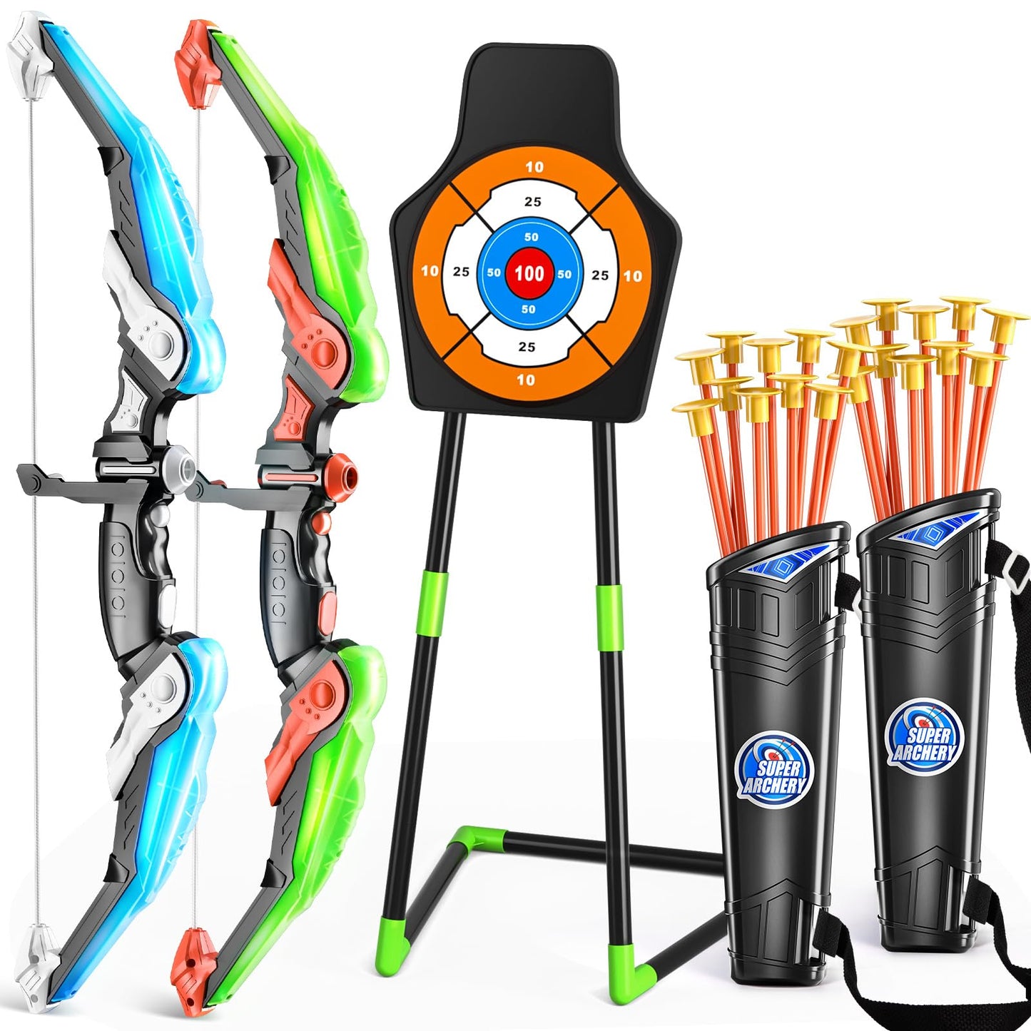 TEMI 2-Pack Archery Set with LED Target – 2 Bows, 20 Suction Cup Arrows, Quivers