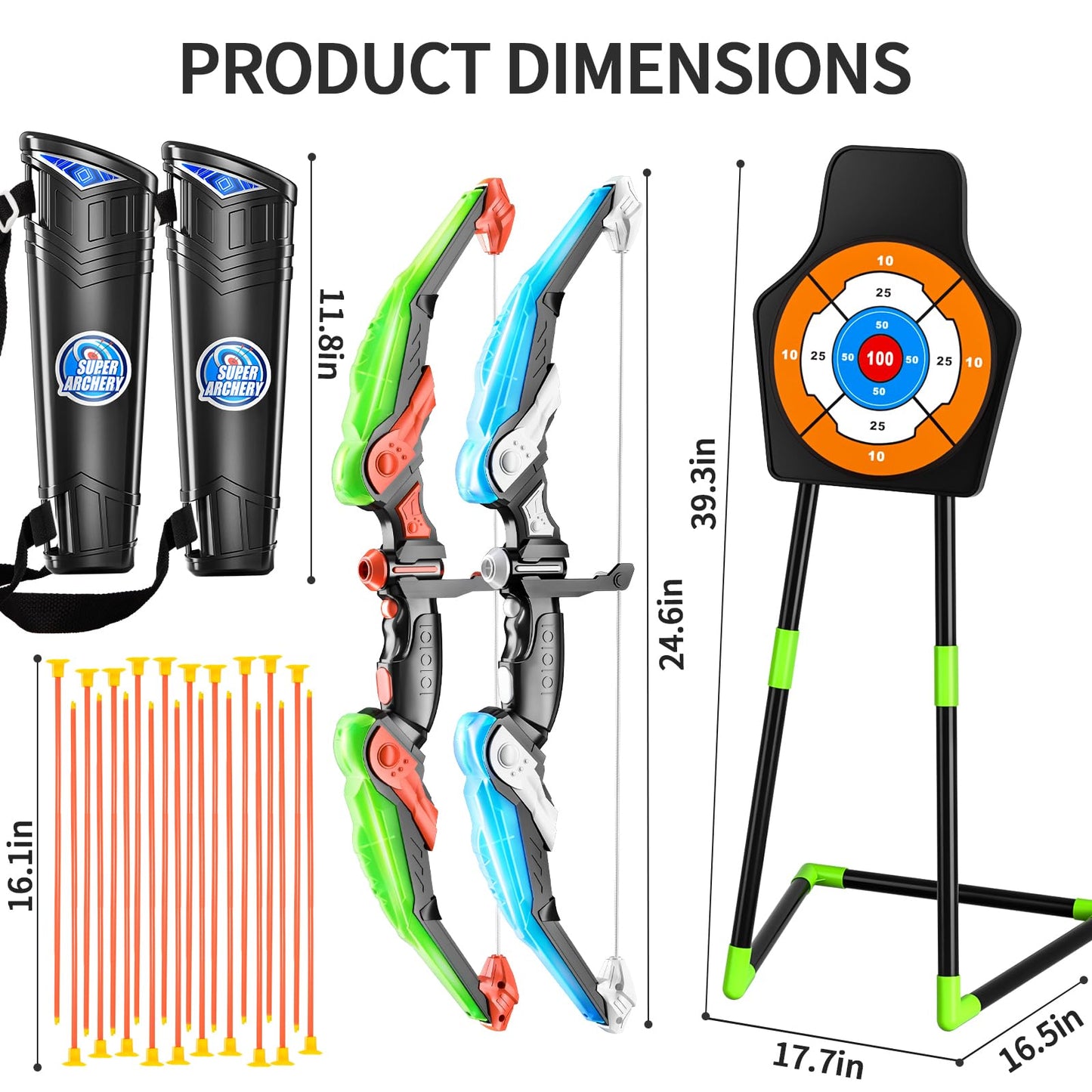 TEMI 2-Pack Archery Set with LED Target – 2 Bows, 20 Suction Cup Arrows, Quivers
