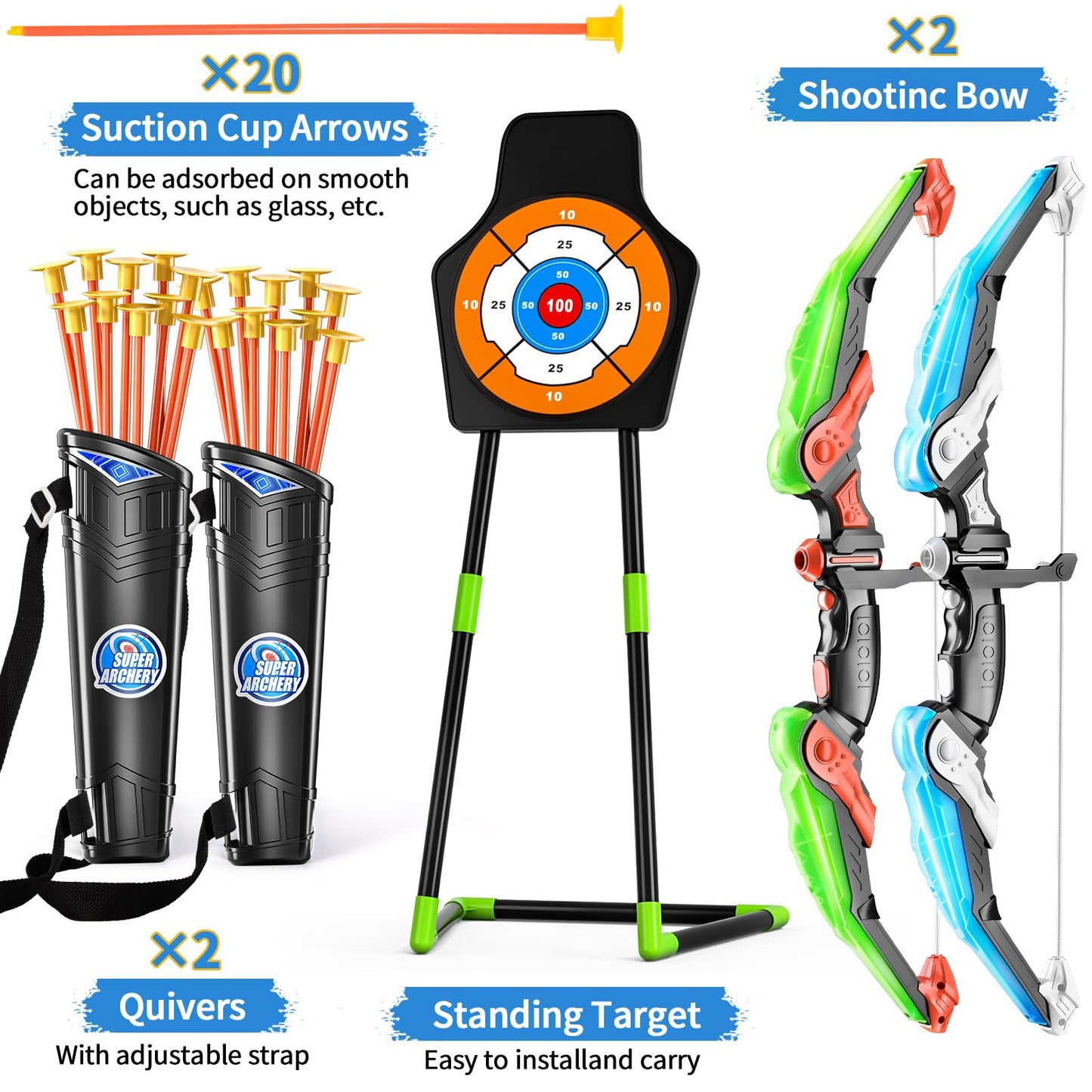 TEMI 2-Pack Archery Set with LED Target – 2 Bows, 20 Suction Cup Arrows, Quivers