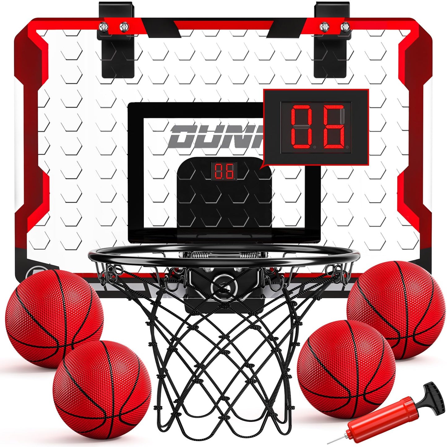 TEMI Indoor Basketball Hoop – Over-the-Door Mini Hoop with Electronic Scoreboard, 4 Balls & Pump
