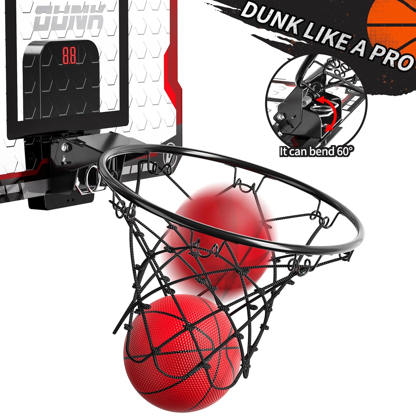 TEMI Indoor Basketball Hoop – Over-the-Door Mini Hoop with Electronic Scoreboard, 4 Balls & Pump