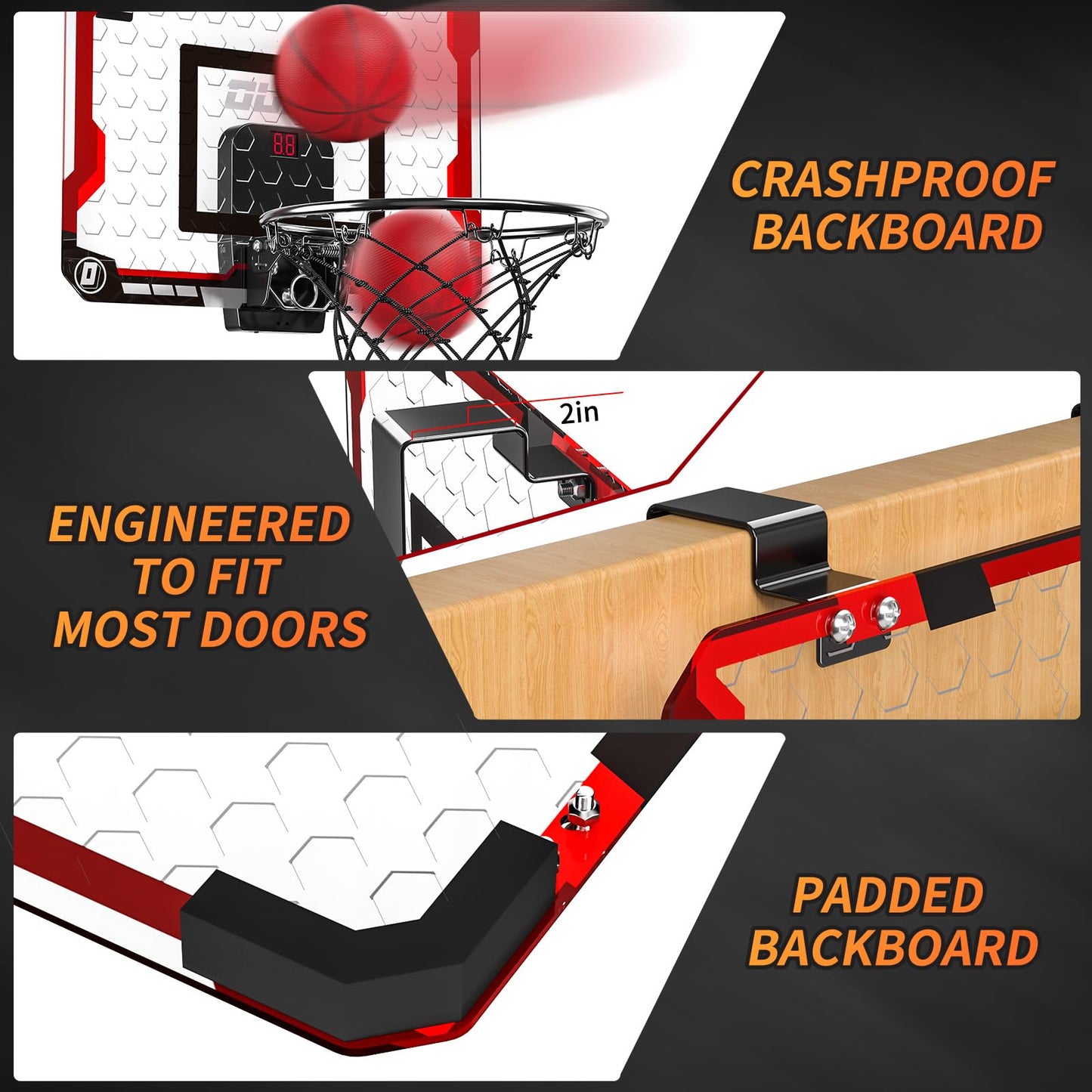 TEMI Indoor Basketball Hoop – Over-the-Door Mini Hoop with Electronic Scoreboard, 4 Balls & Pump