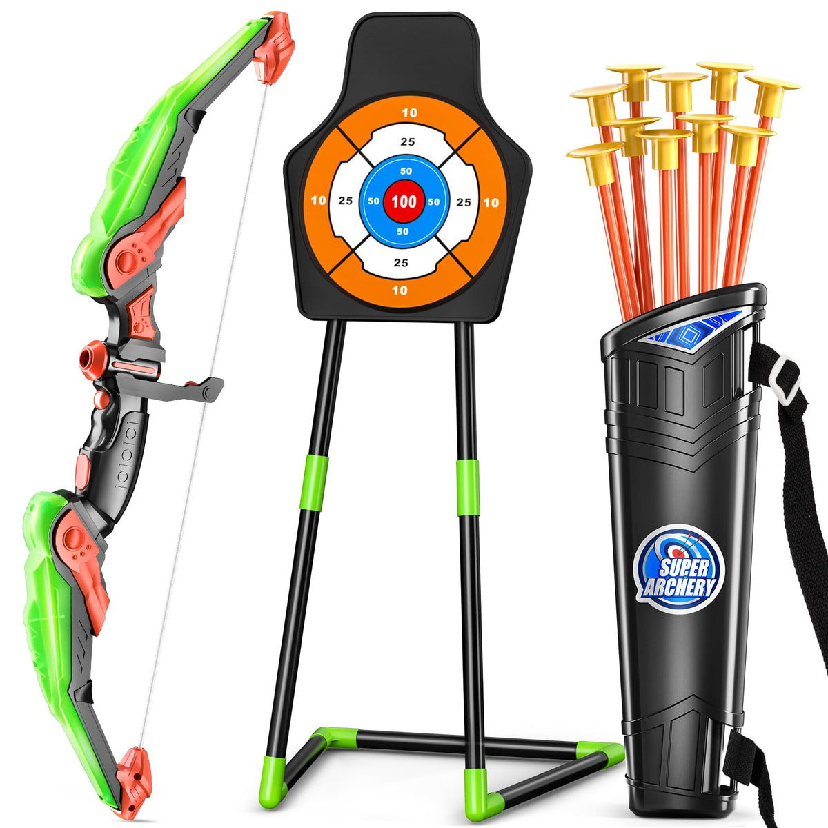 TEMI Bow & Arrow Set with LED Lights – 10 Suction Cup Arrows & Standing Target (Ages 3-12)
