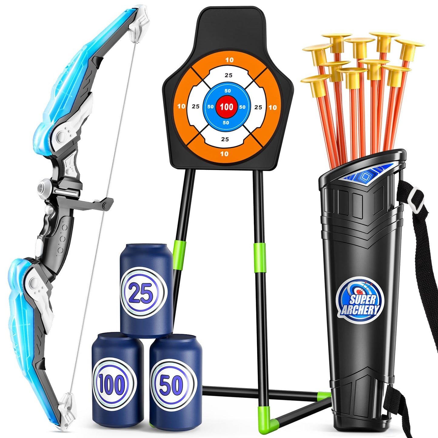 TEMI Bow and Arrow Set for Kids 4-8 | LED Target, 10 Suction Cup Arrows, Quiver & Stand Target