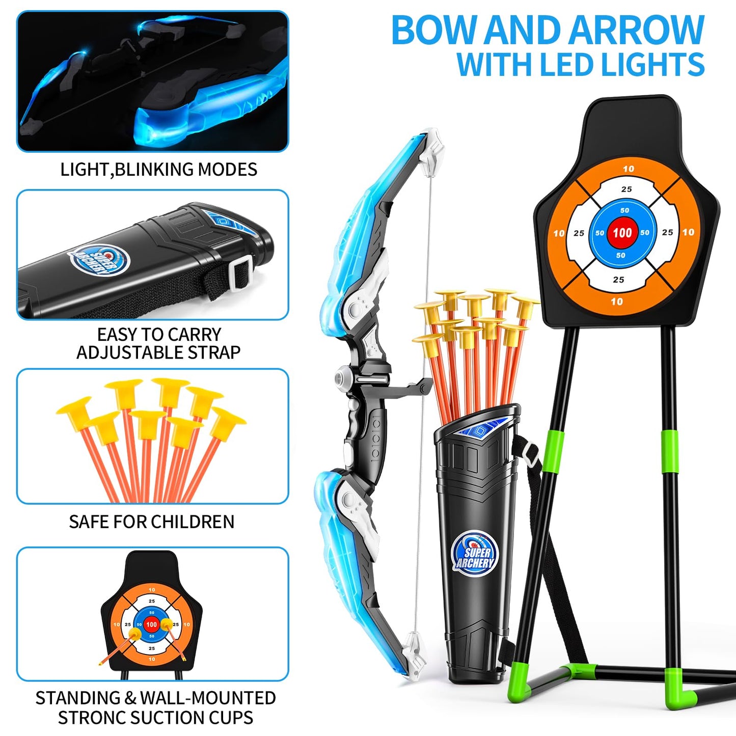 TEMI Bow and Arrow Set for Kids 4-8 | LED Target, 10 Suction Cup Arrows, Quiver & Stand Target