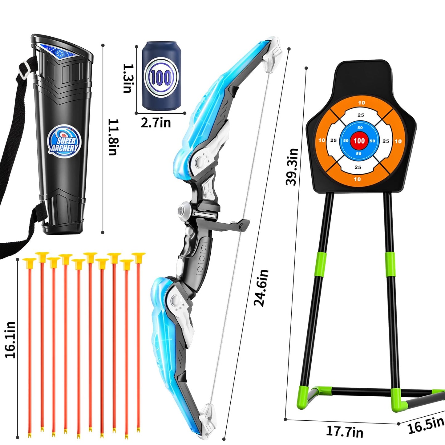 TEMI Bow and Arrow Set for Kids 4-8 | LED Target, 10 Suction Cup Arrows, Quiver & Stand Target