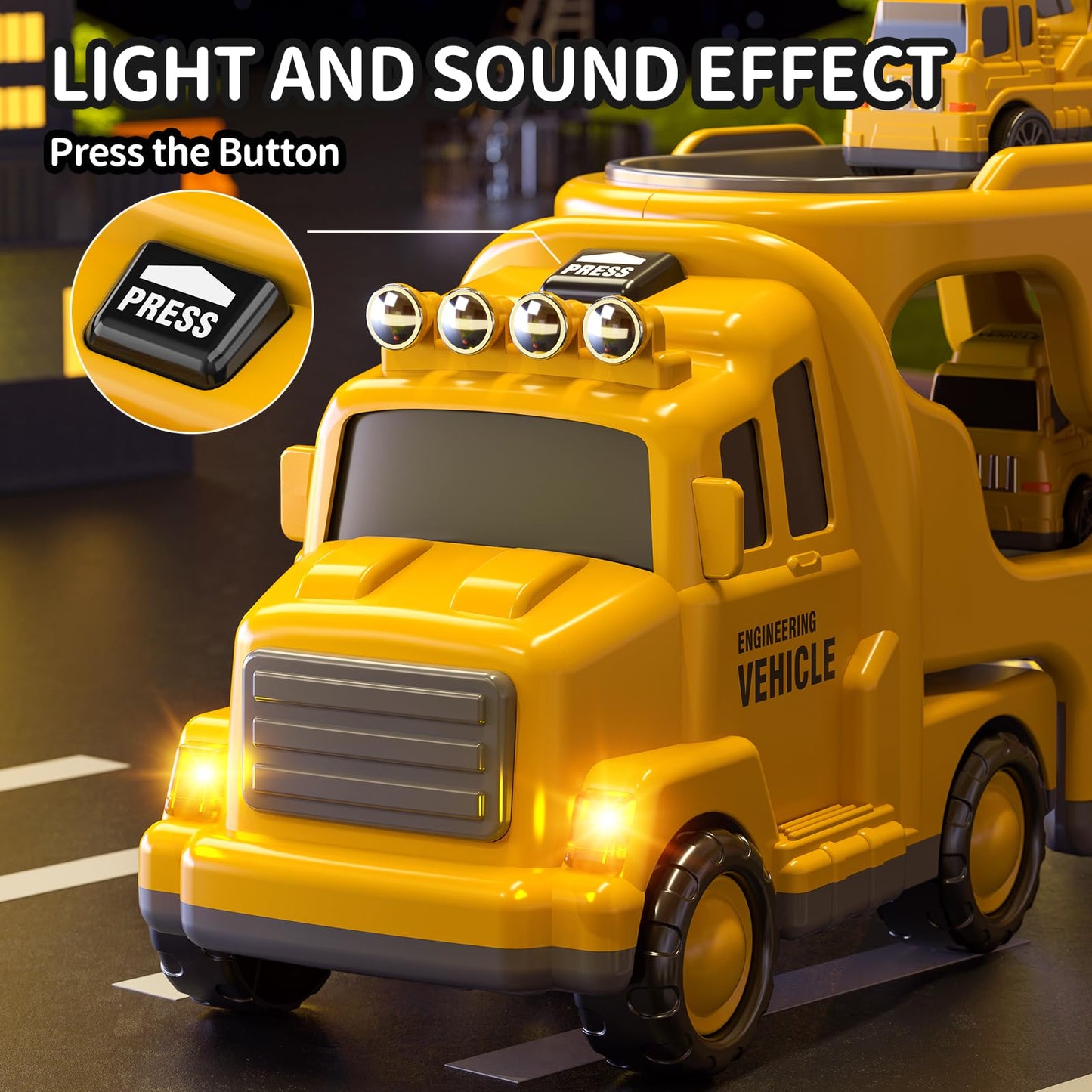 TEMI 5-in-1 Construction Truck Toys for Kids Aged 3-6 | Lights, Friction-Powered Transport Set