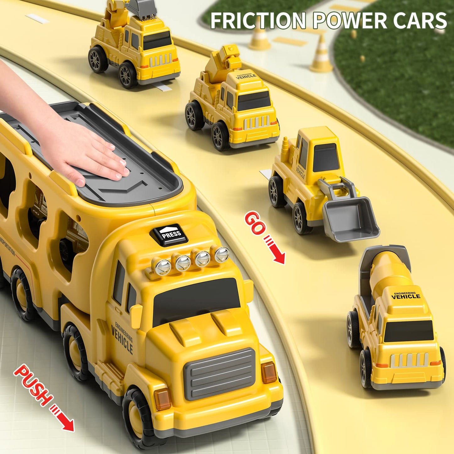 TEMI 5-in-1 Construction Truck Toys for Kids Aged 3-6 | Lights, Friction-Powered Transport Set