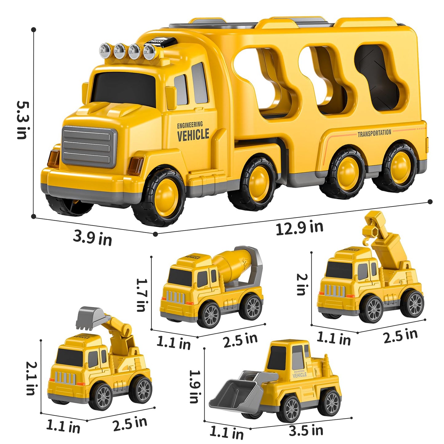 TEMI 5-in-1 Construction Truck Toys for Kids Aged 3-6 | Lights, Friction-Powered Transport Set
