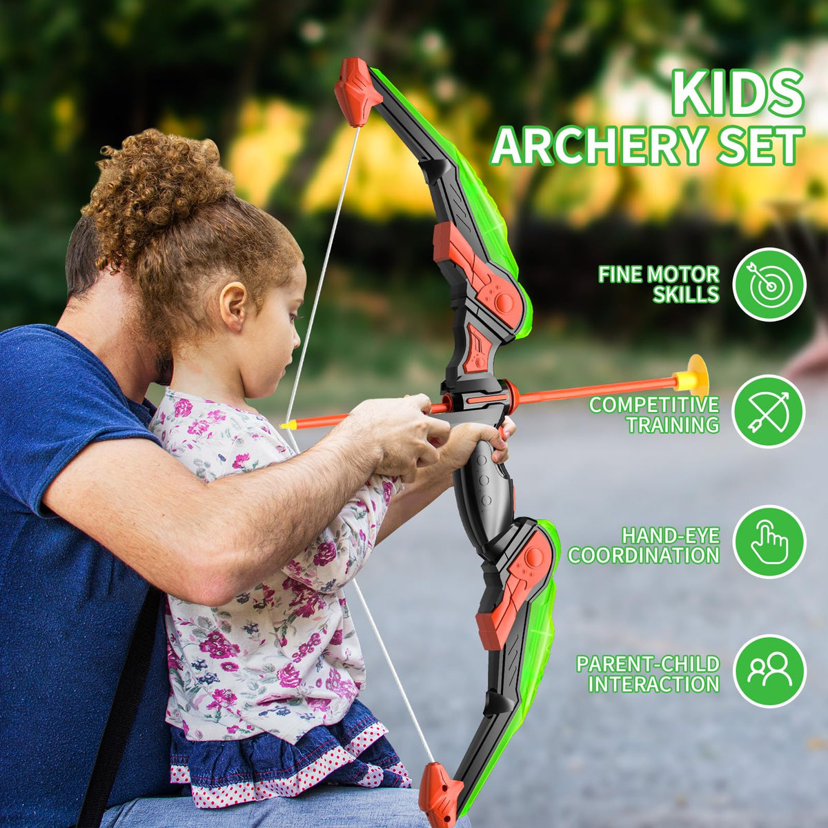 TEMI Bow & Arrow Set with LED Lights – 10 Suction Cup Arrows & Standing Target (Ages 3-12)