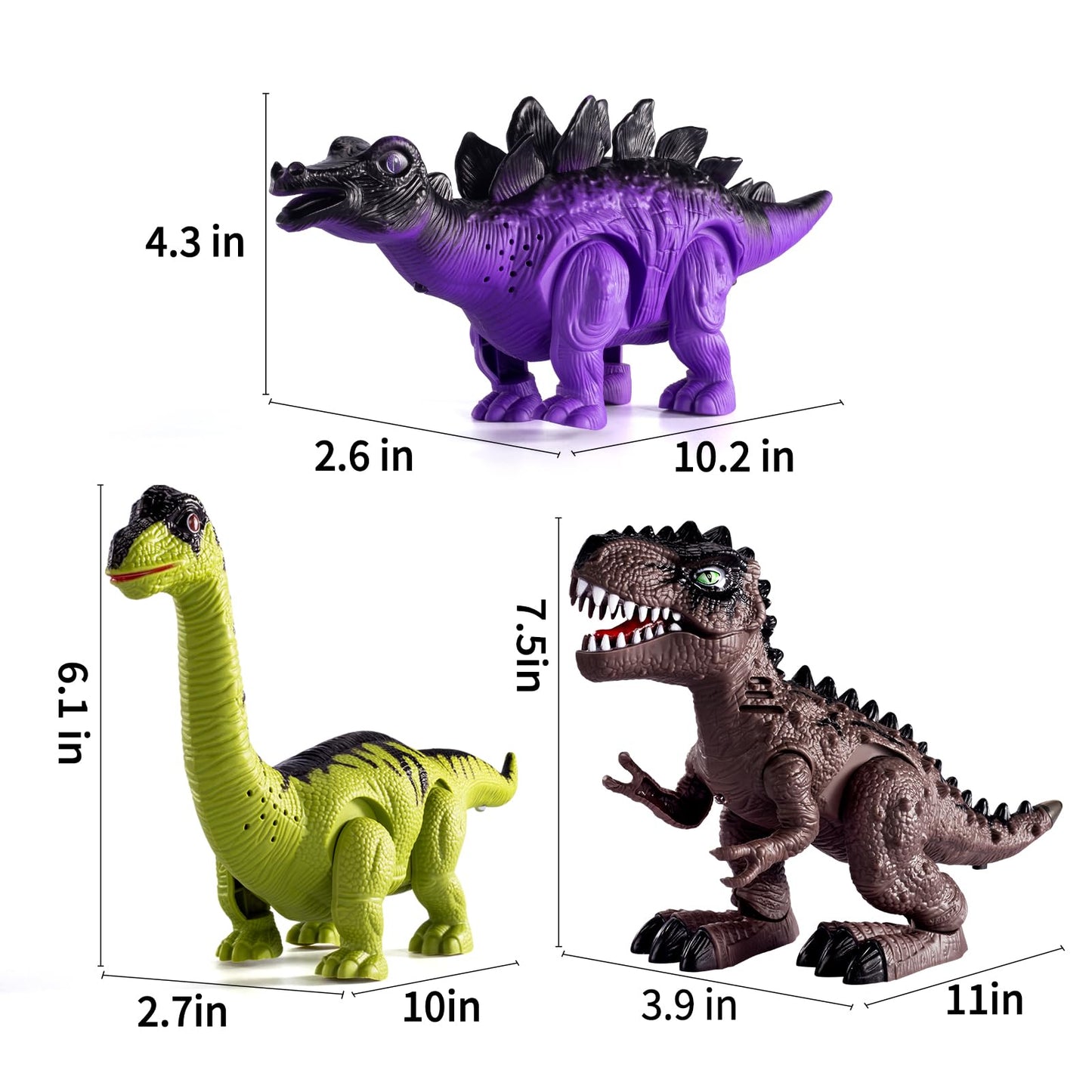 TEMI 3 Pack Electrical Walking Dinosaur Toys for Toddlers – Sound & Light Up