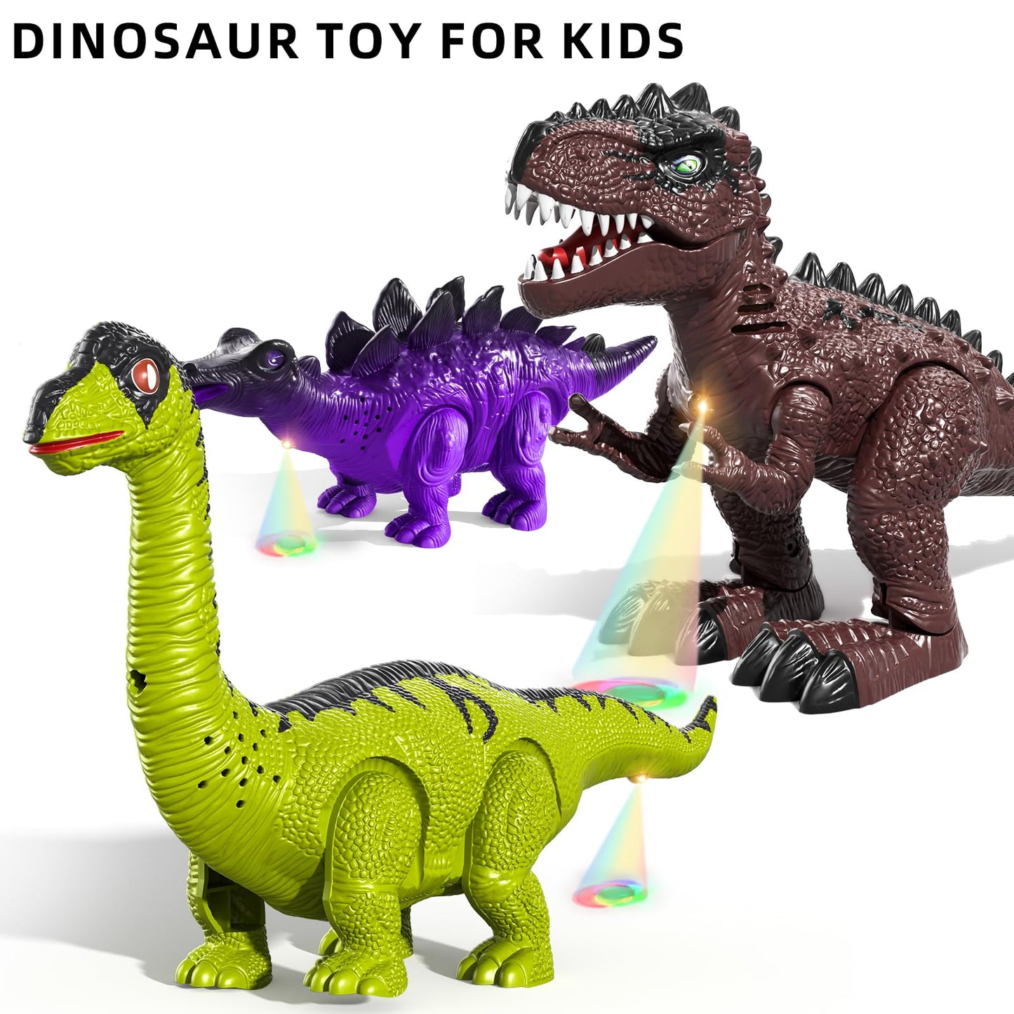 TEMI 3 Pack Electrical Walking Dinosaur Toys for Toddlers – Sound & Light Up