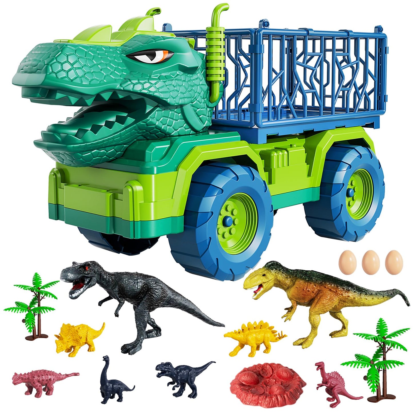 TEMI Dinosaur Truck Toys for Kids 3-5 | Tyrannosaurus Transport Truck with 8 Dinosaurs & Play Mat