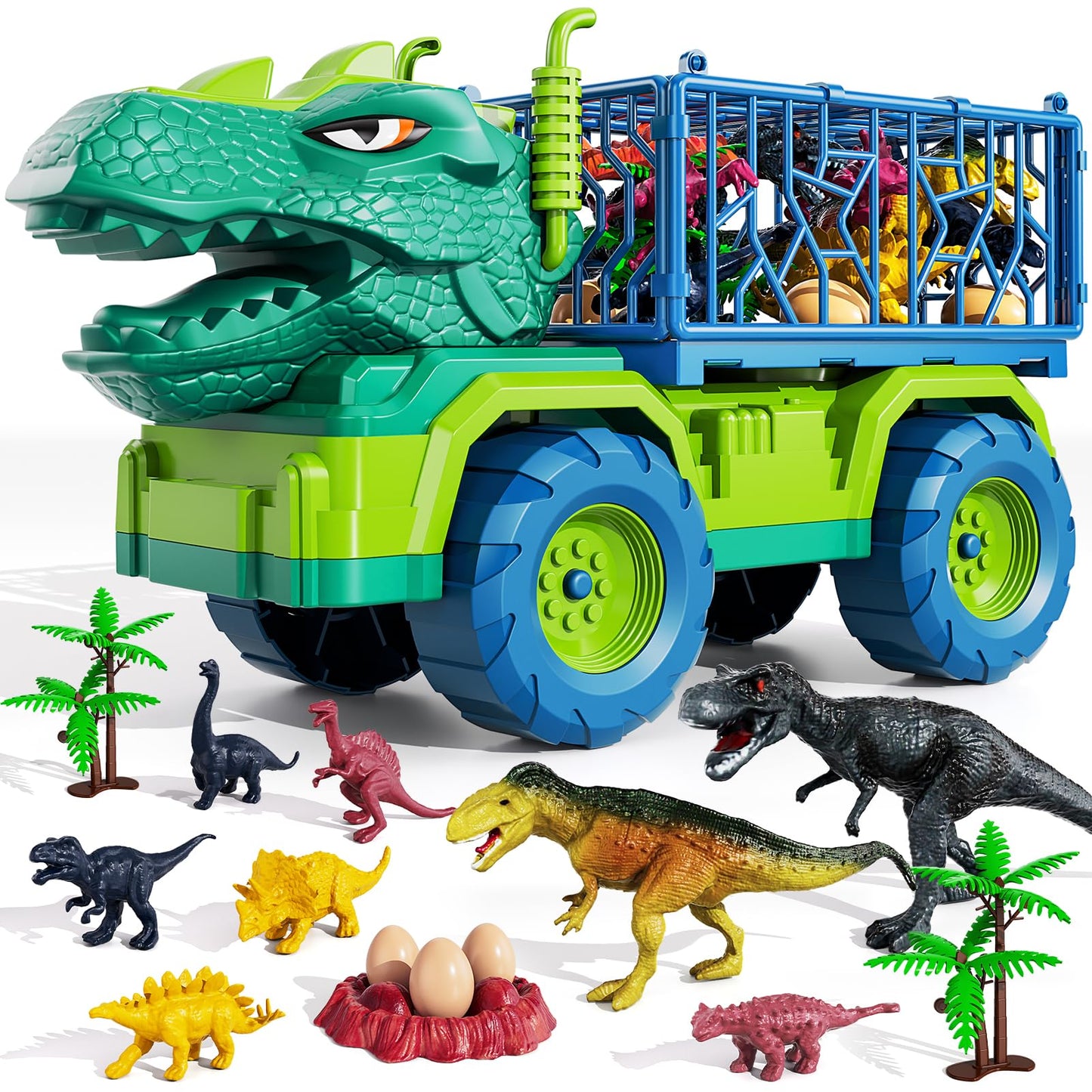 TEMI Dinosaur Truck Toys for Kids 3-5 | Tyrannosaurus Transport Truck with 8 Dinosaurs & Play Mat