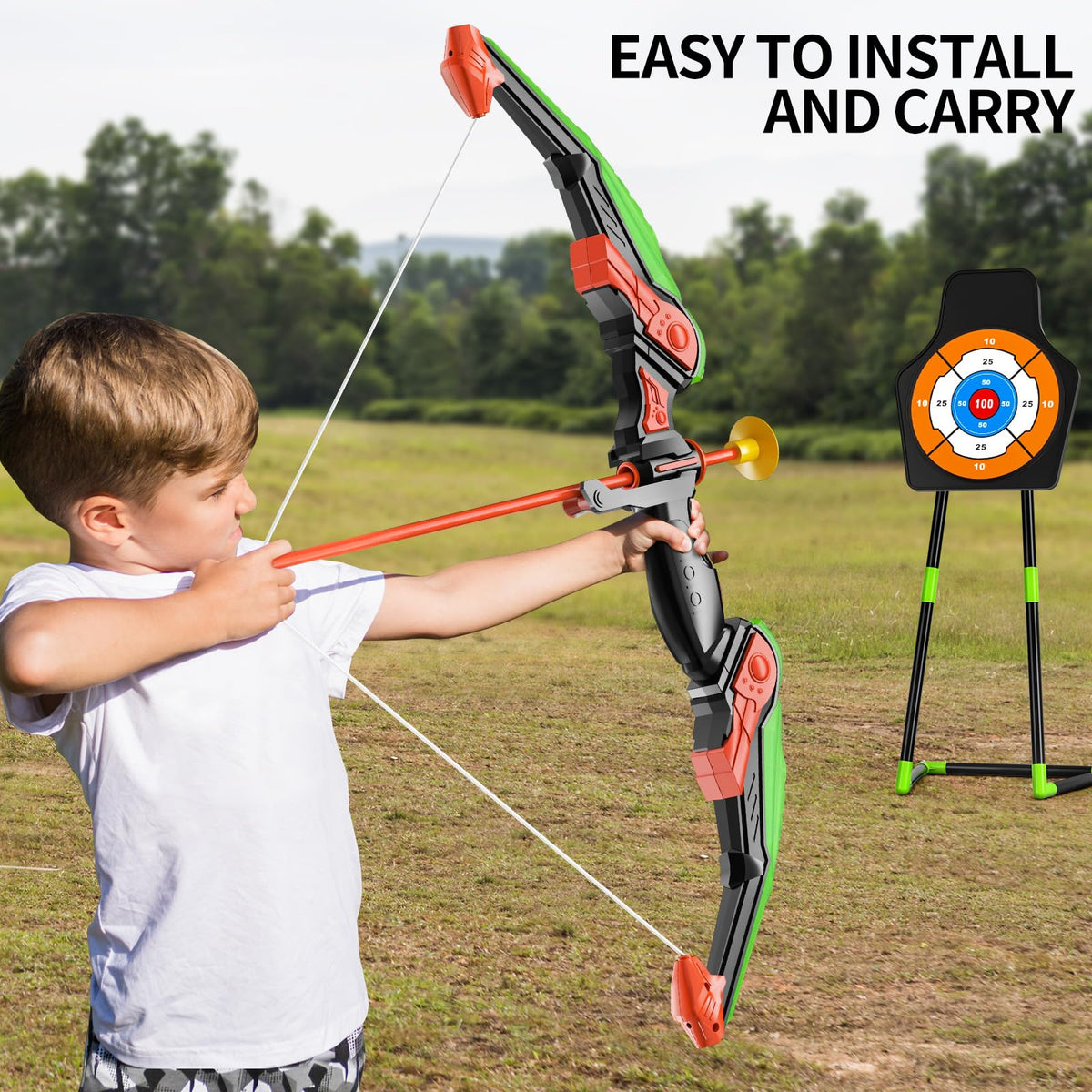 TEMI Bow & Arrow Set with LED Lights – 10 Suction Cup Arrows & Standing Target (Ages 3-12)