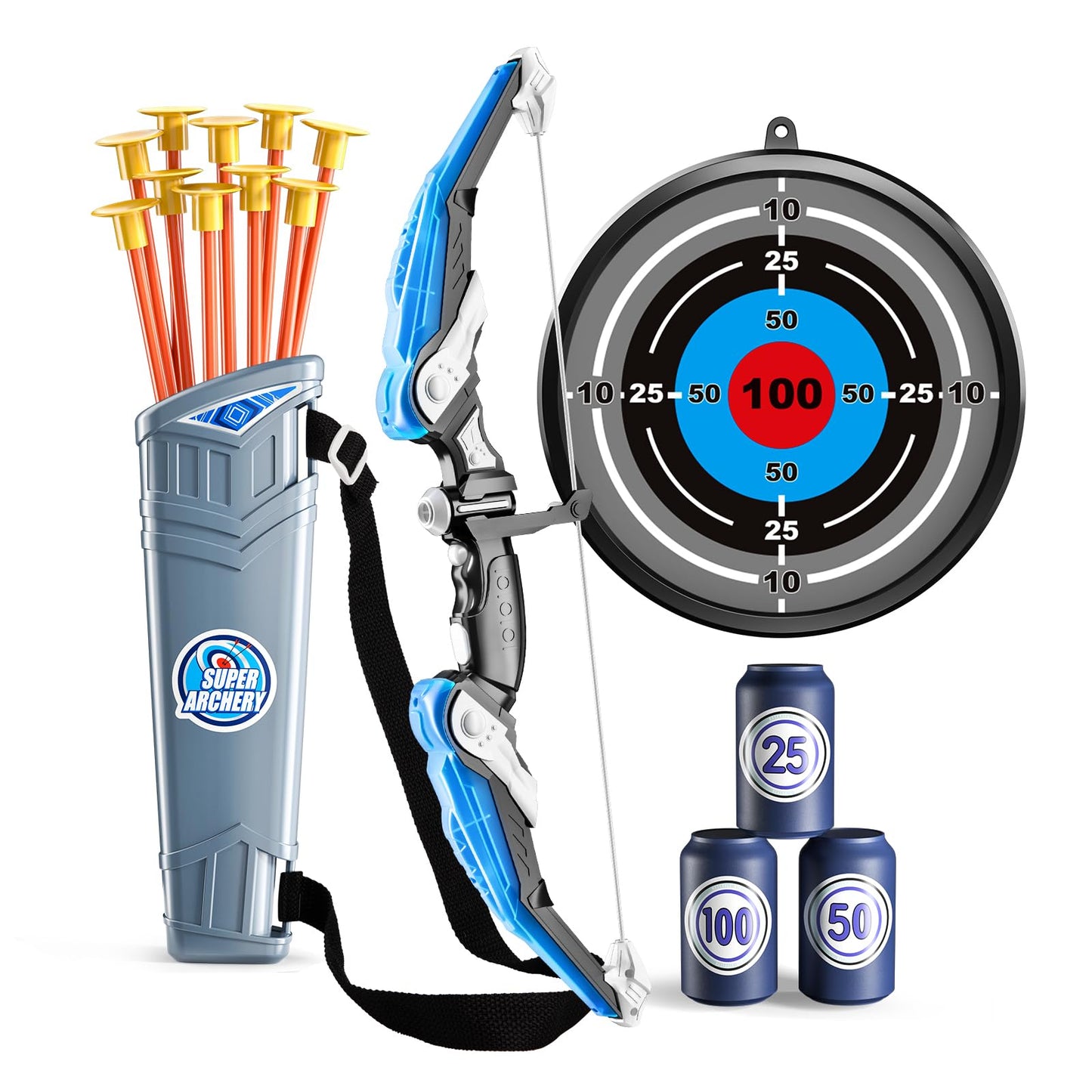 TEMI Kids Bow and Arrow Set – LED Light Up Archery Toy with 10 Suction Cup Arrows, 4 Targets & Quiver