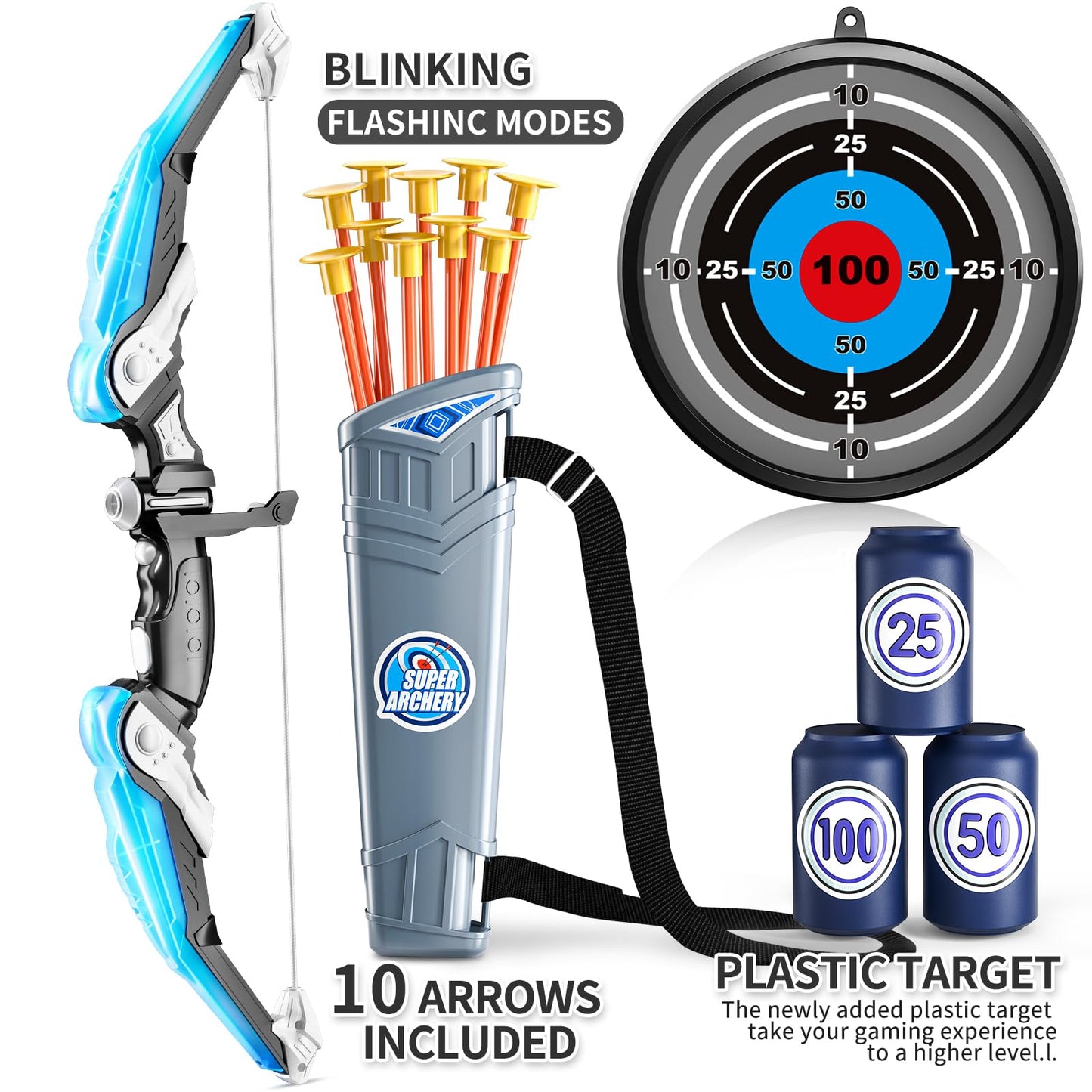 TEMI Kids Bow and Arrow Set – LED Light Up Archery Toy with 10 Suction Cup Arrows, 4 Targets & Quiver