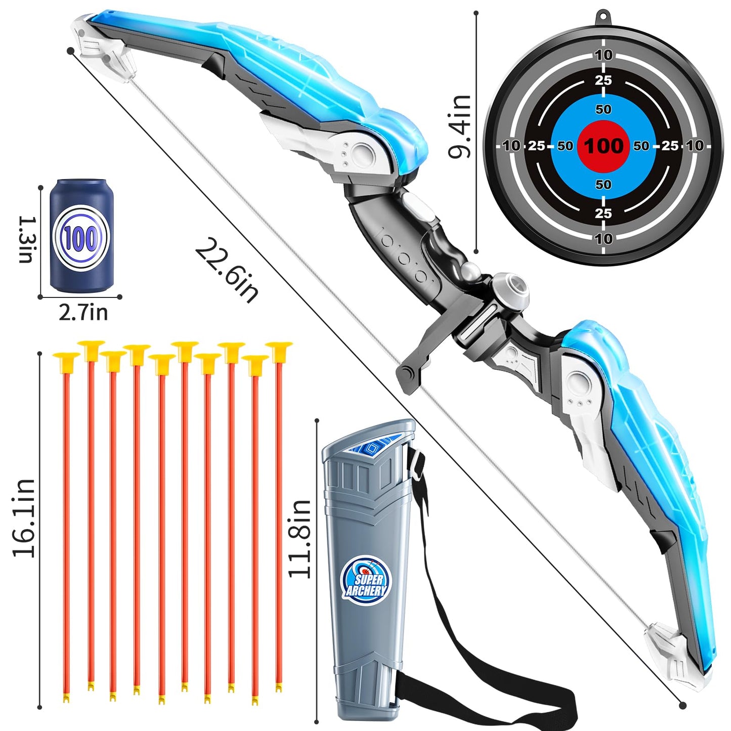 TEMI Kids Bow and Arrow Set – LED Light Up Archery Toy with 10 Suction Cup Arrows, 4 Targets & Quiver