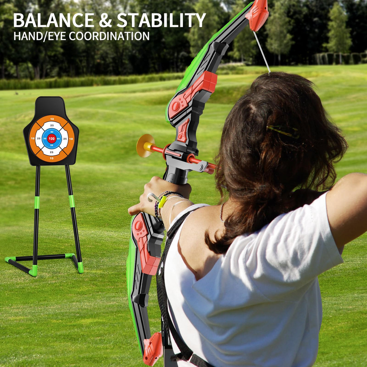 TEMI Bow & Arrow Set with LED Lights – 10 Suction Cup Arrows & Standing Target (Ages 3-12)