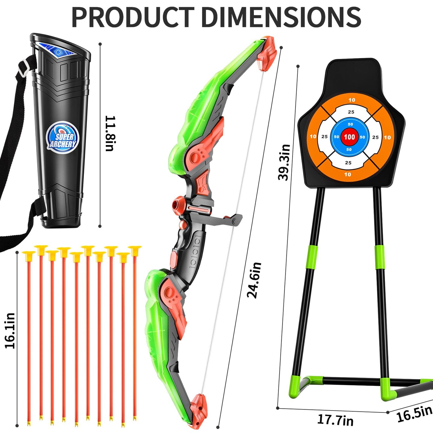TEMI Bow & Arrow Set with LED Lights – 10 Suction Cup Arrows & Standing Target (Ages 3-12)