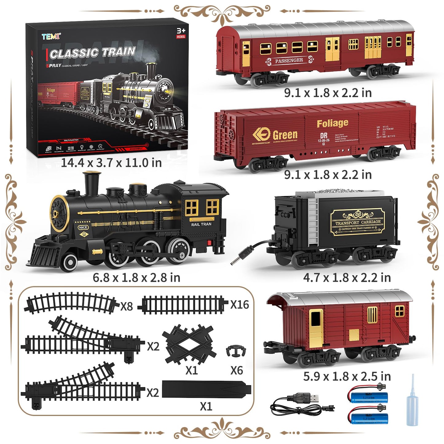 TEMI Train Set for Kids 3-12 | Electric Steam Engine with Smoke, Light & Sounds