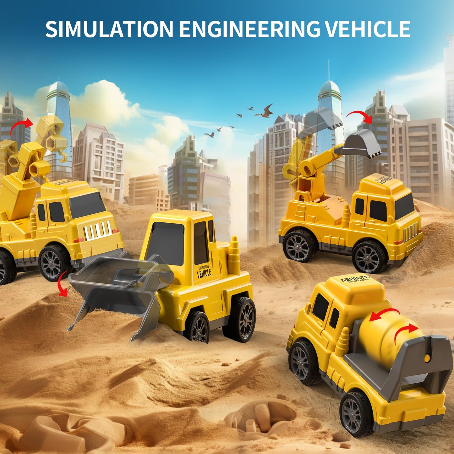 TEMI 5-in-1 Construction Truck Toys for Kids Aged 3-6 | Lights, Friction-Powered Transport Set