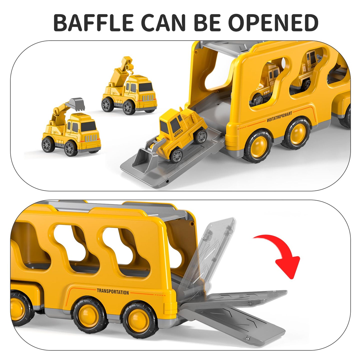 TEMI 5-in-1 Construction Truck Toys for Kids Aged 3-6 | Lights, Friction-Powered Transport Set