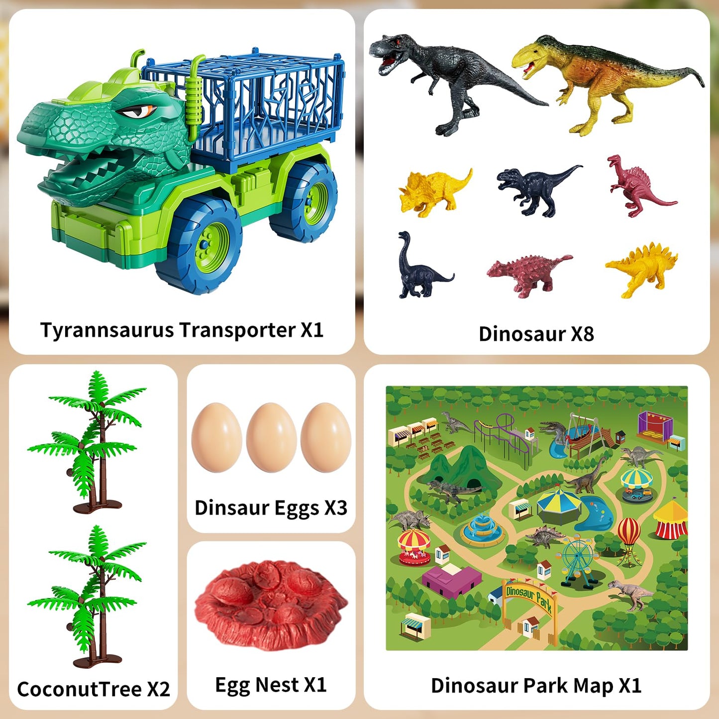 TEMI Dinosaur Truck Toys for Kids 3-5 | Tyrannosaurus Transport Truck with 8 Dinosaurs & Play Mat