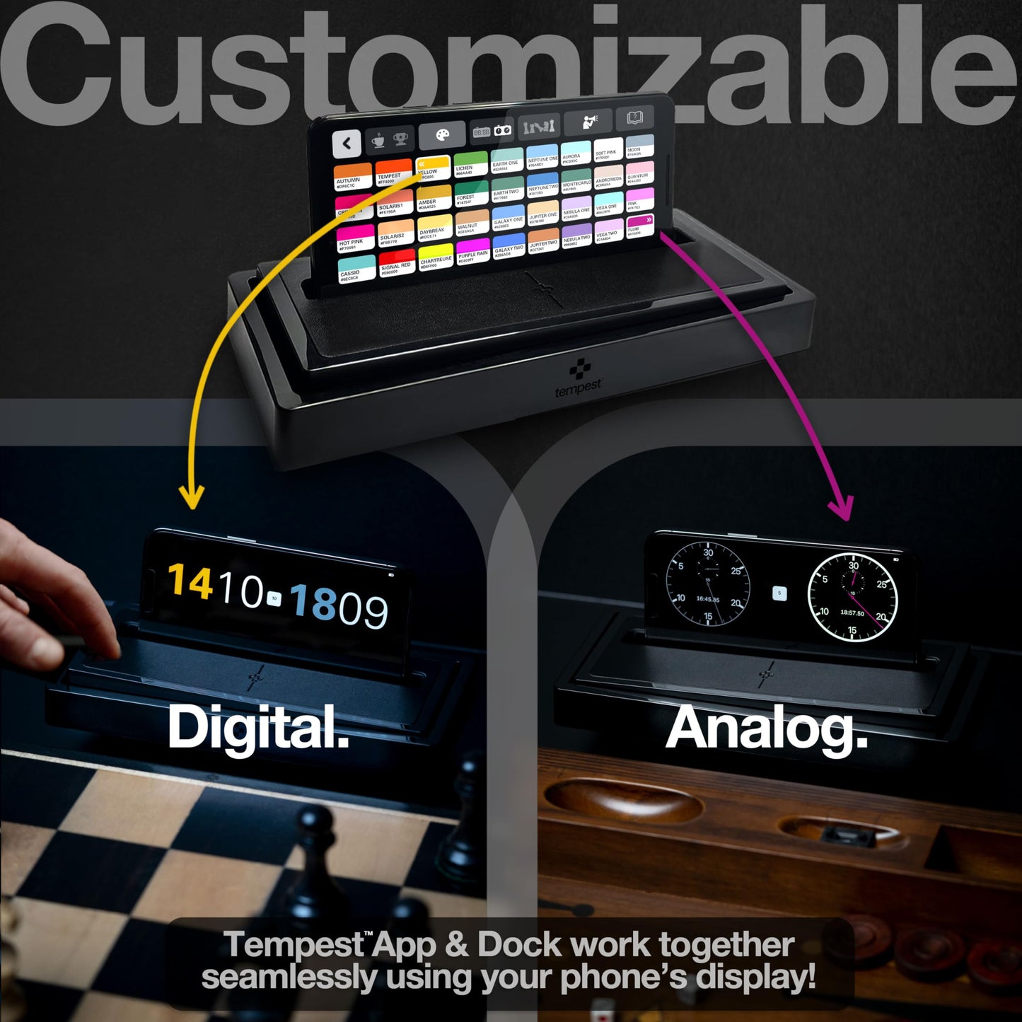 Tempest Non-Tournament Chess Clock – Phone-Dock Hybrid Timer with App Included