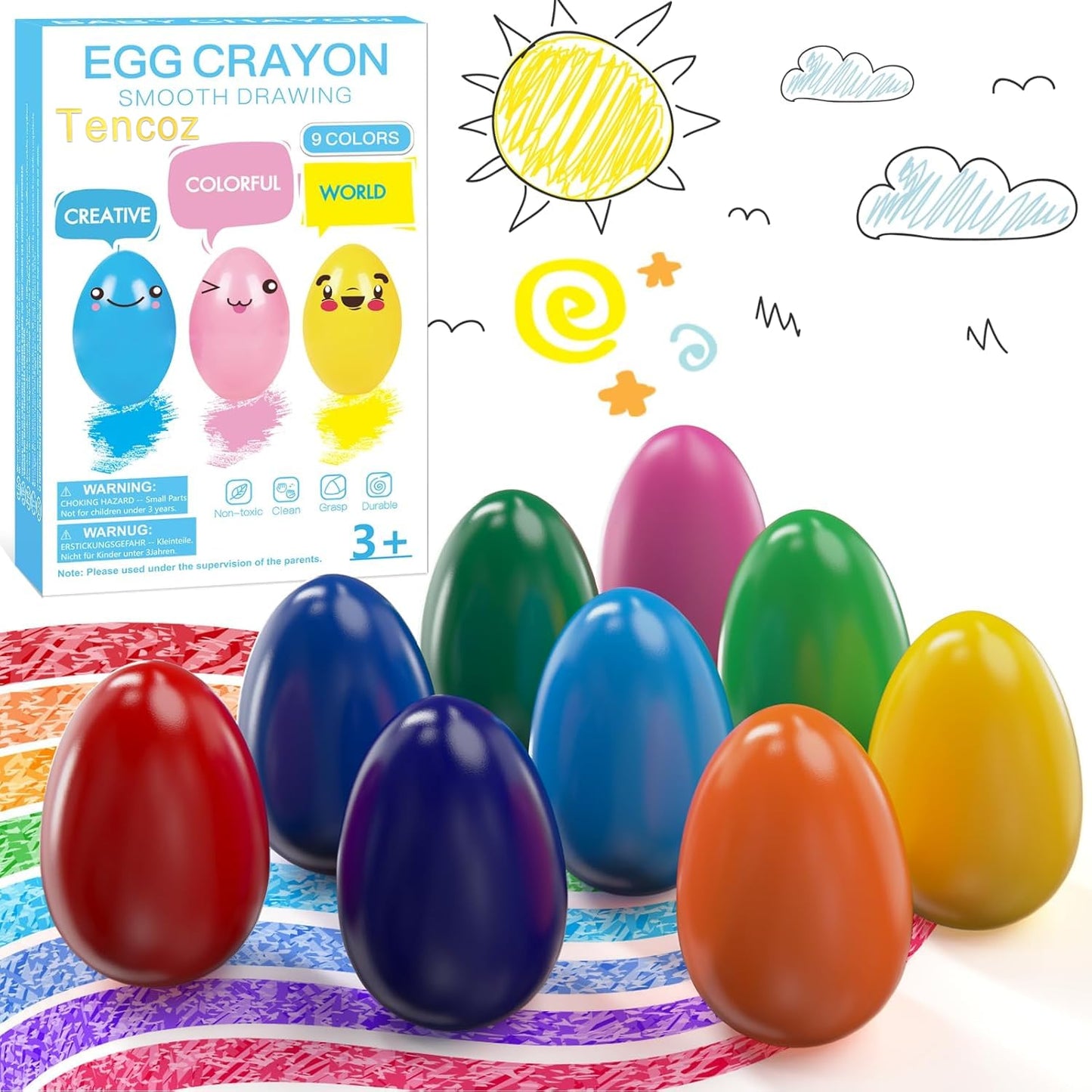 Tencoz 9 Colors Egg Crayons for Toddlers — Easy-Grip, Washable, Drop-Resistant Art Supplies