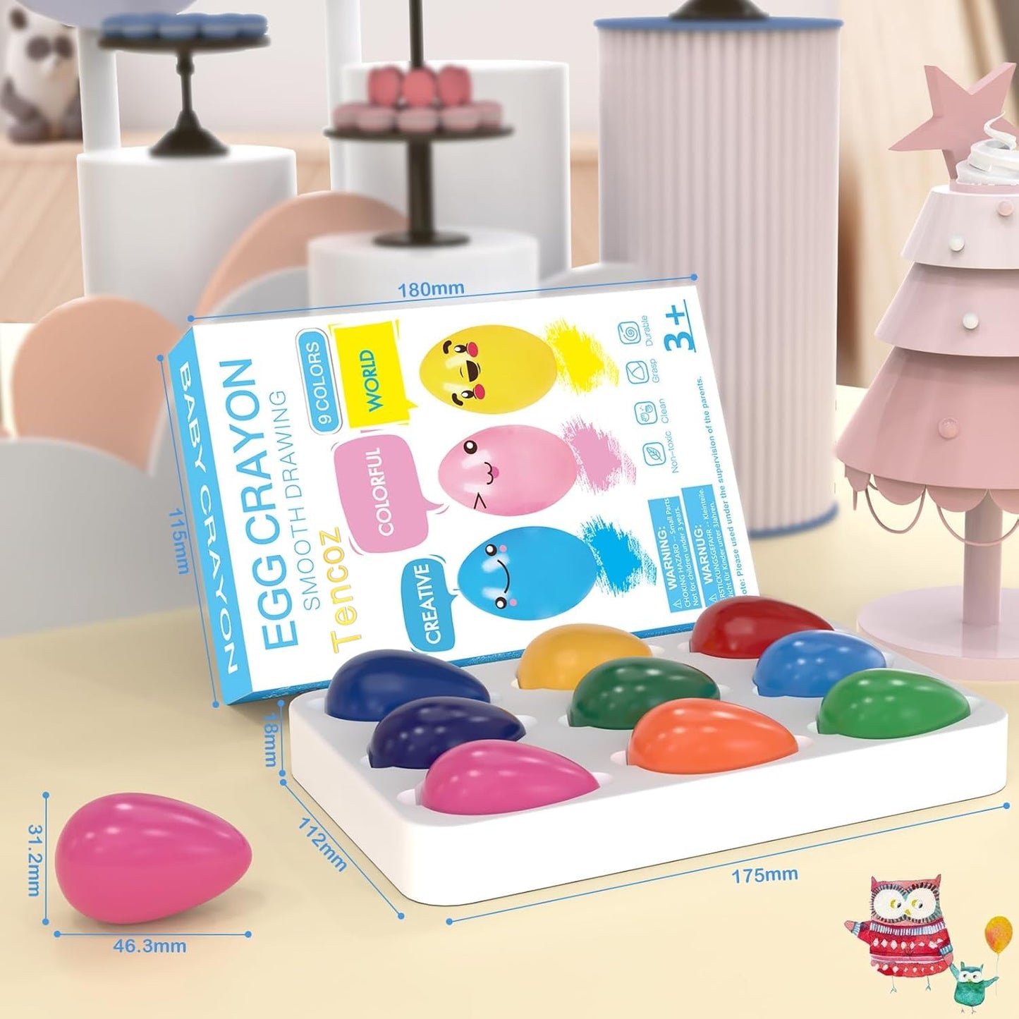 Tencoz 9 Colors Egg Crayons for Toddlers — Easy-Grip, Washable, Drop-Resistant Art Supplies