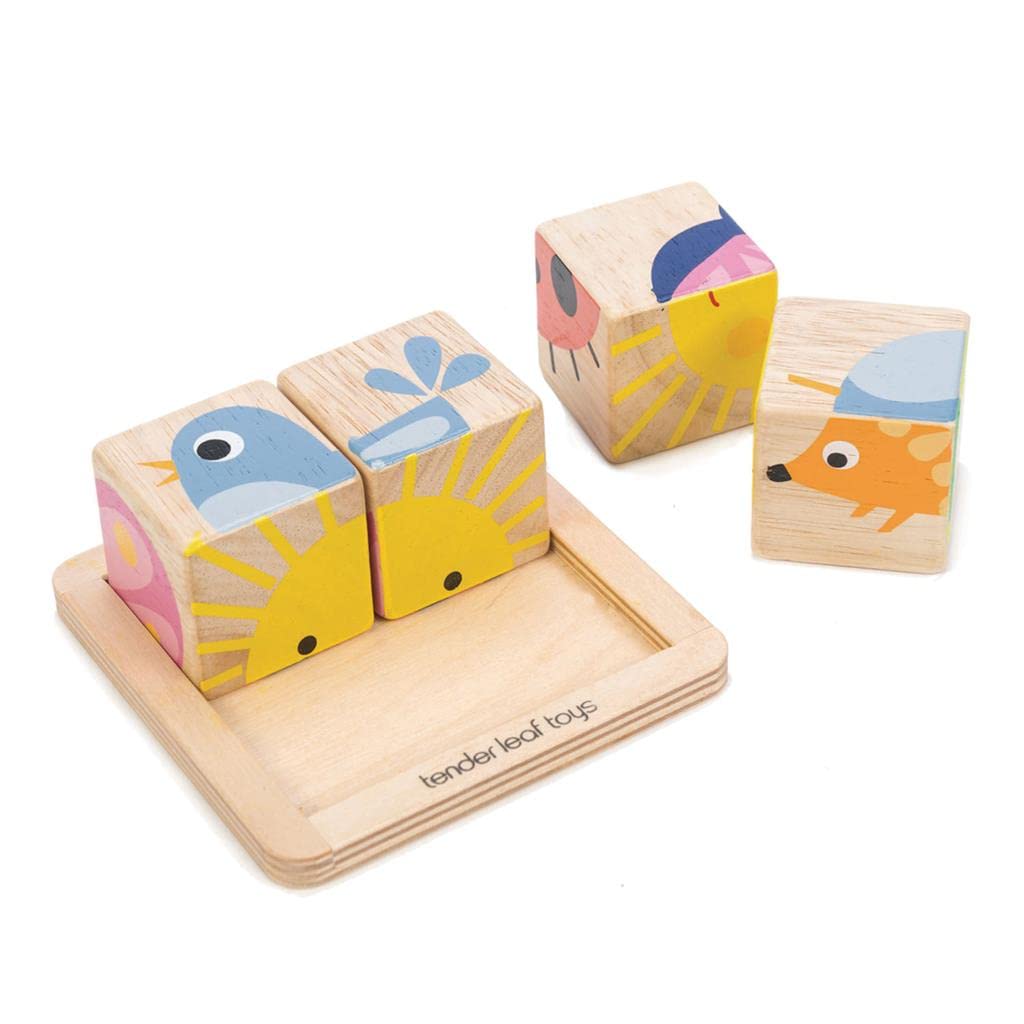 Tender Leaf Toys Baby Blocks – 5-Piece Wooden Jigsaw Puzzle with Storage Tray (18M+)