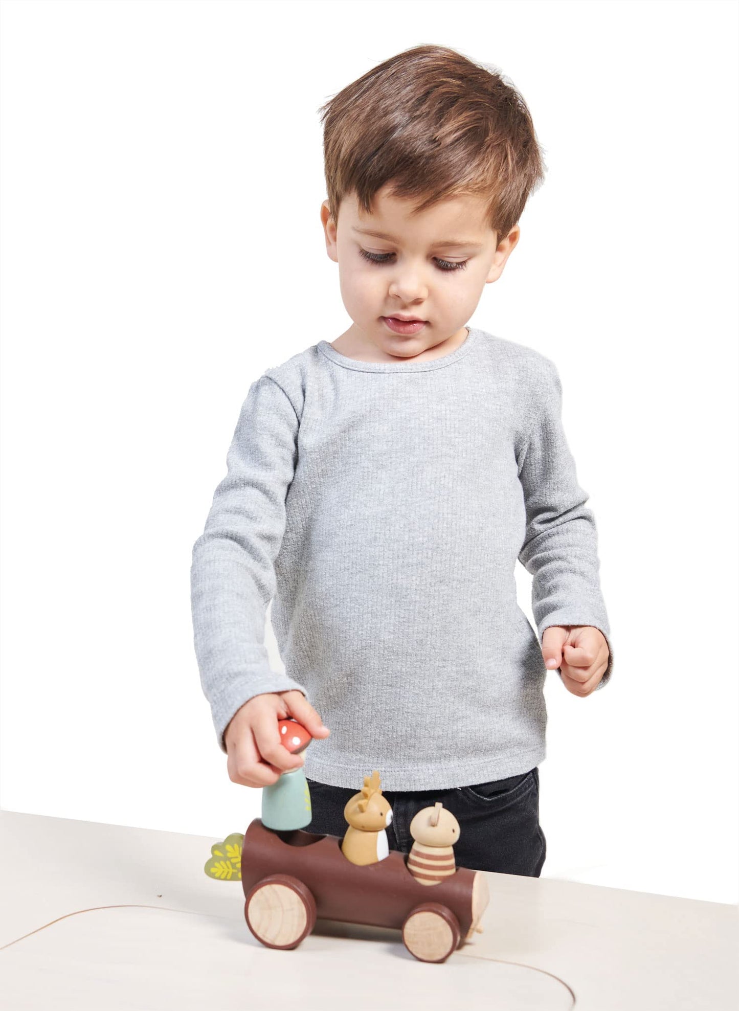 Tender Leaf Toys Timber Taxi – Wooden Log Shaped Push Vehicle with 3 Removable Characters