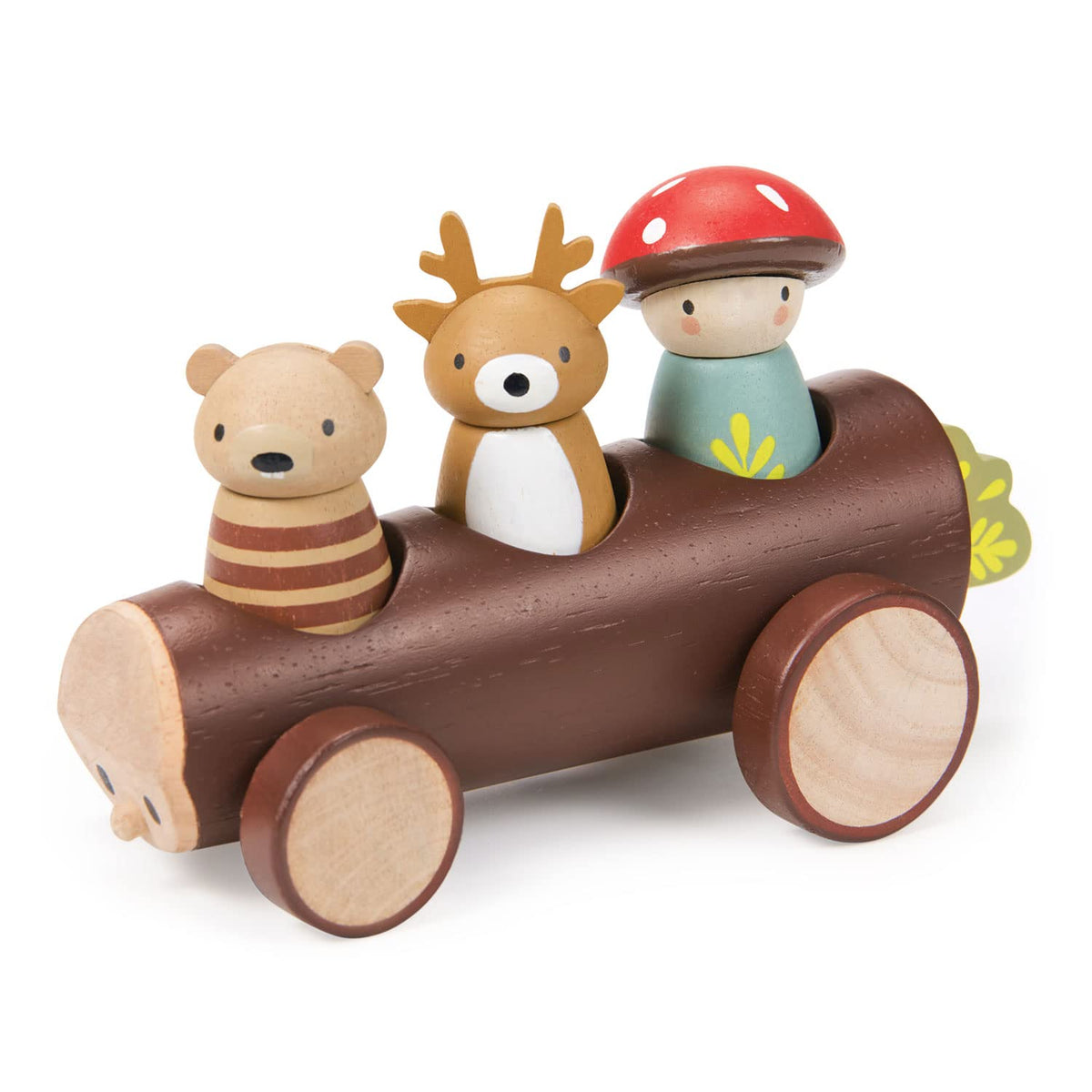 Tender Leaf Toys Timber Taxi – Wooden Log Shaped Push Vehicle with 3 Removable Characters