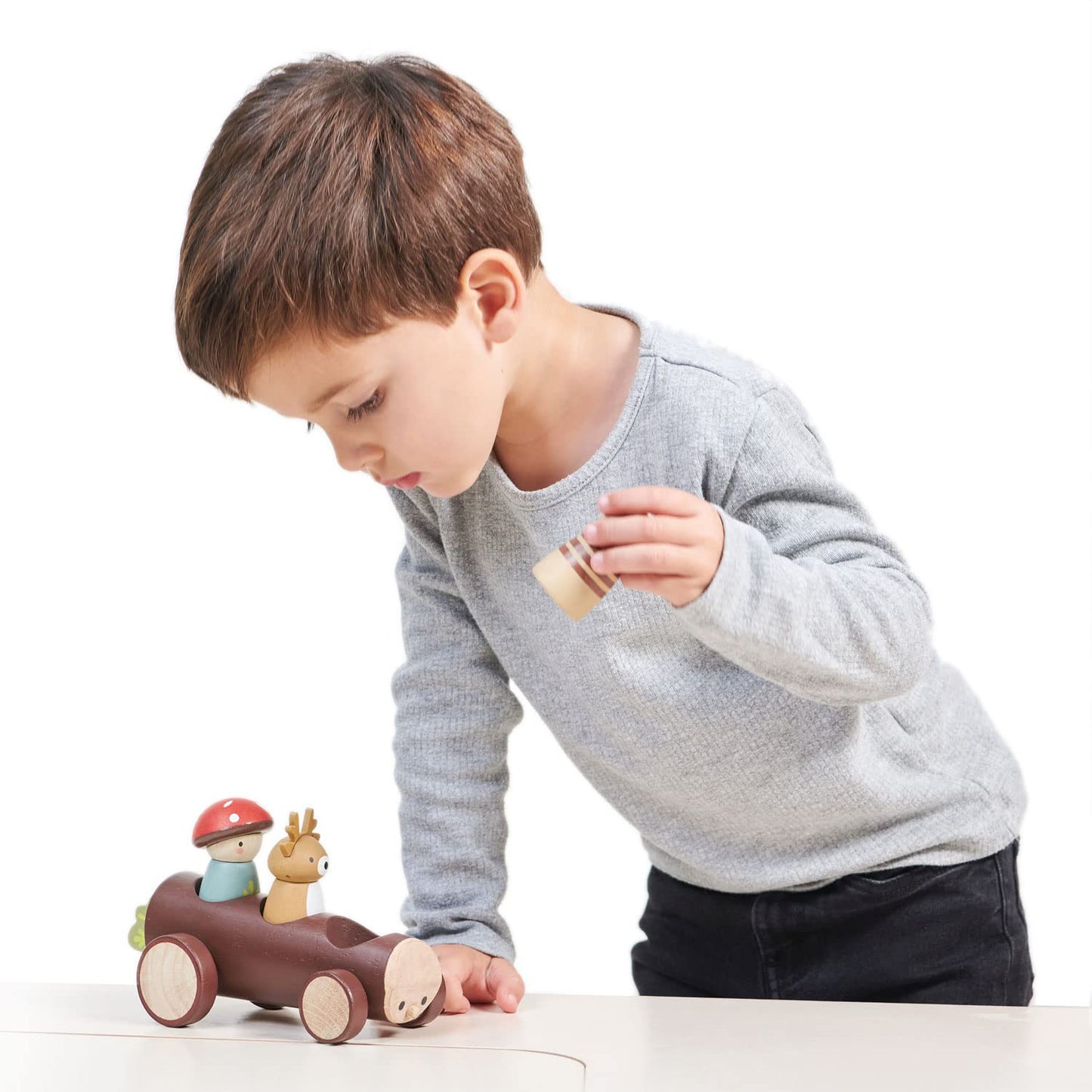 Tender Leaf Toys Timber Taxi – Wooden Log Shaped Push Vehicle with 3 Removable Characters