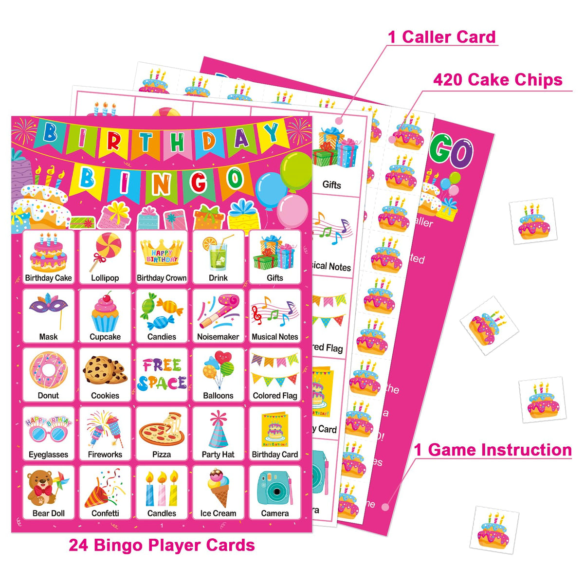 TENDFINE Birthday Bingo Game Cards – Pink 24-Player Party Set for Kids & Adults