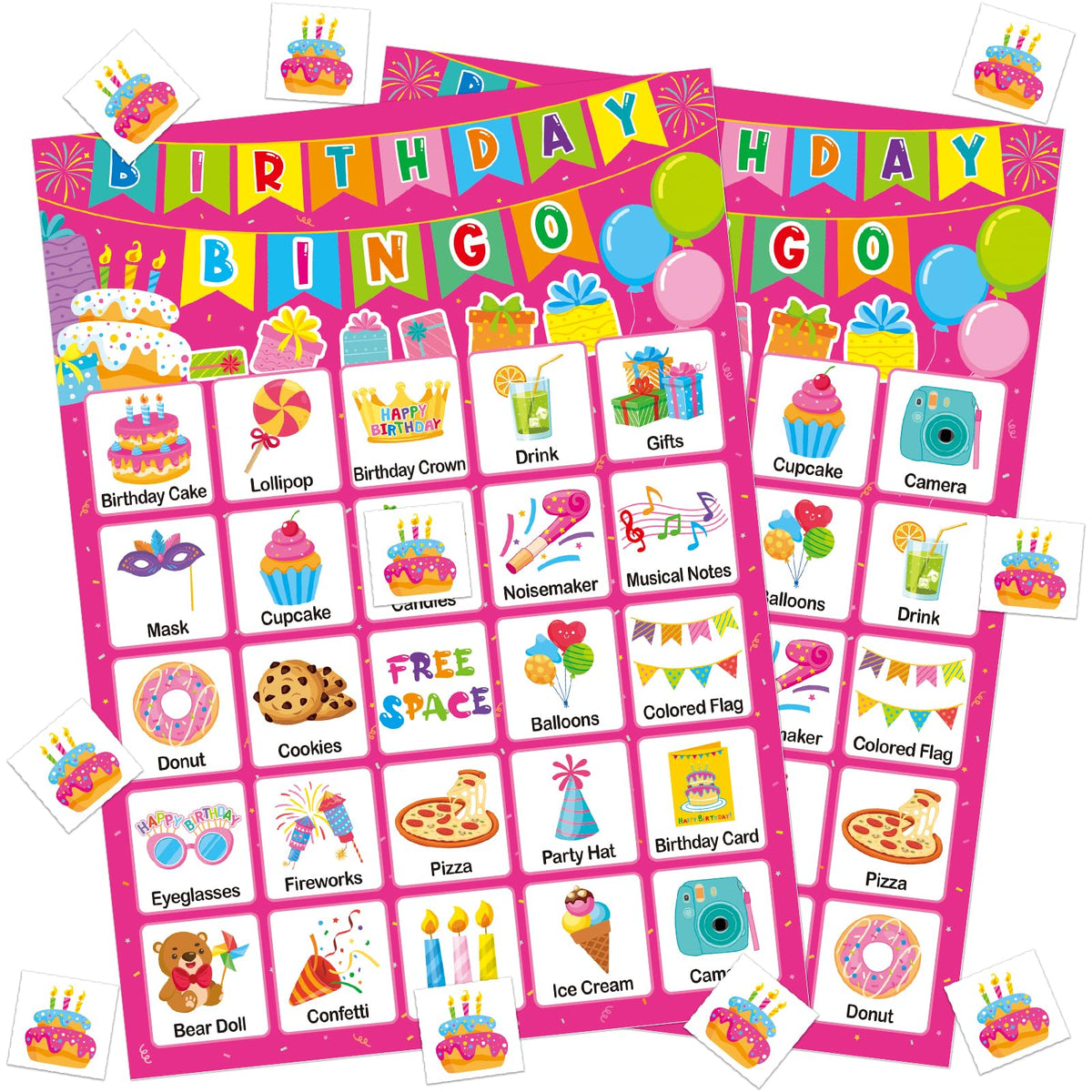TENDFINE Birthday Bingo Game Cards – Pink 24-Player Party Set for Kids & Adults