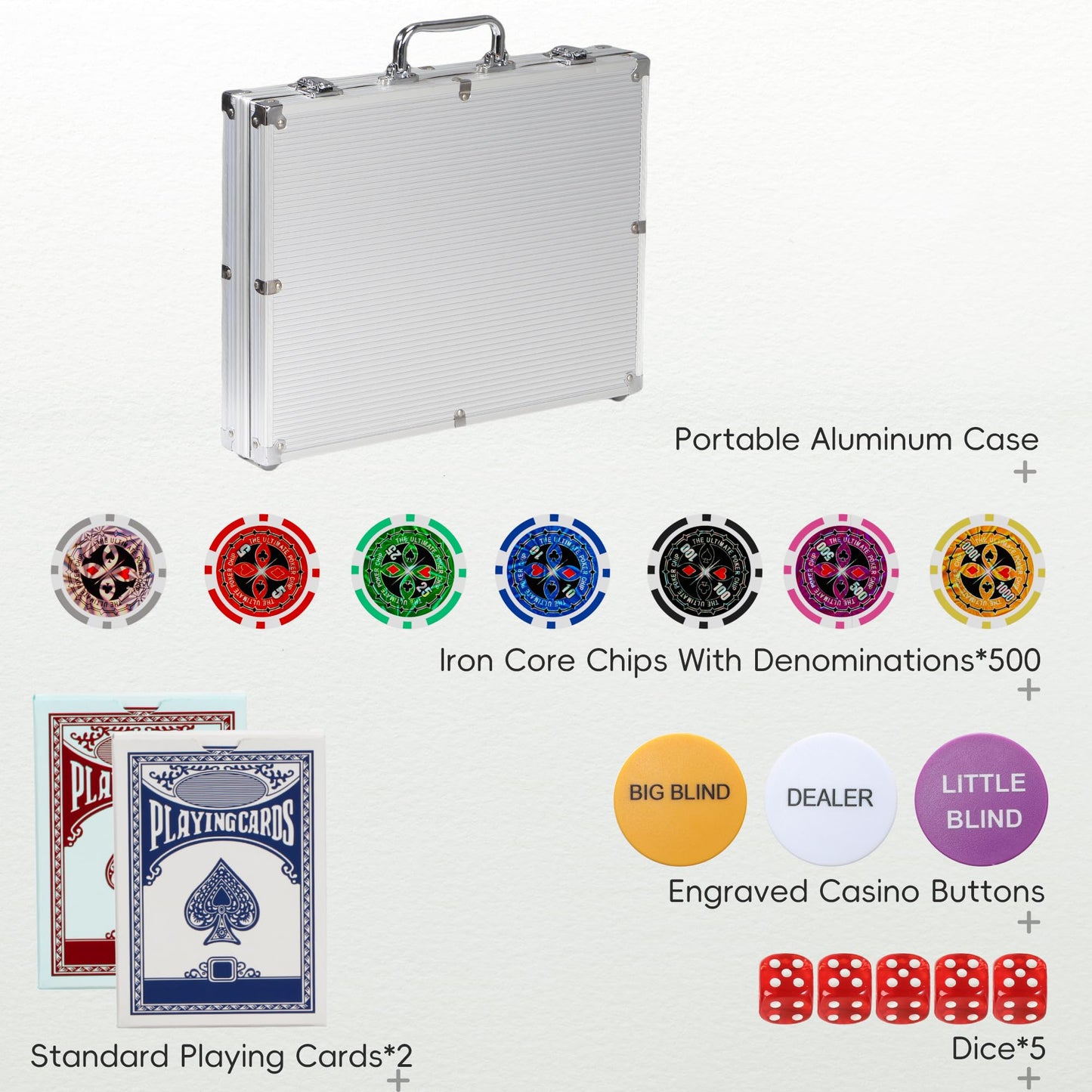 TENETMAN Texas Holdem Poker Chips Set – 500 Pcs, 11.5g Clay Chips in Aluminum Case