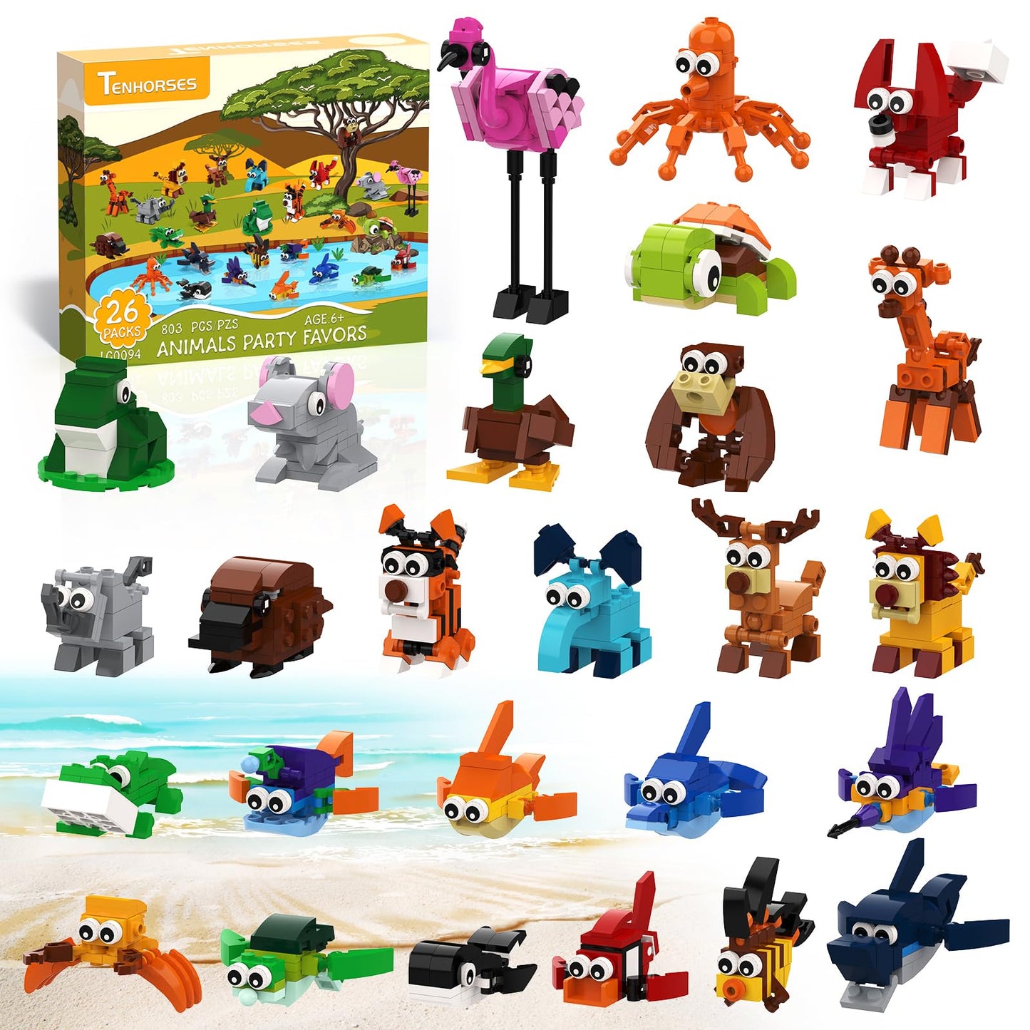 Tenhorses 26-Animal Party Favors Building Set – 803 PCS for Kids 8-12